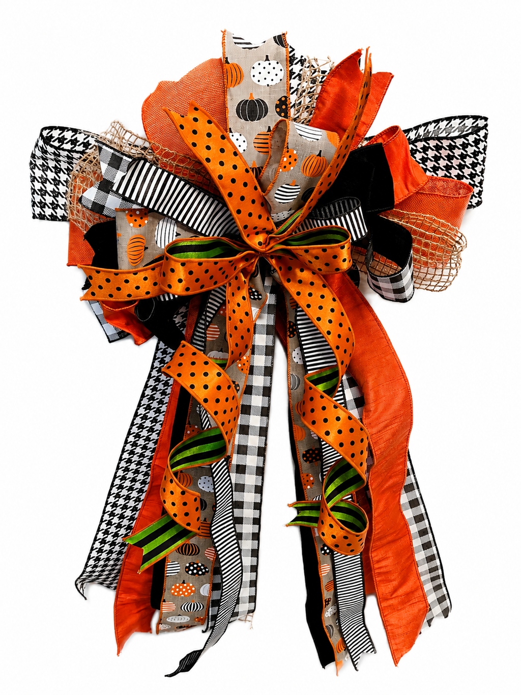 Pumpkin Finery Luxury Oversized Door Bow | Pumpkin Orange, Black, White & Green Statement Bow