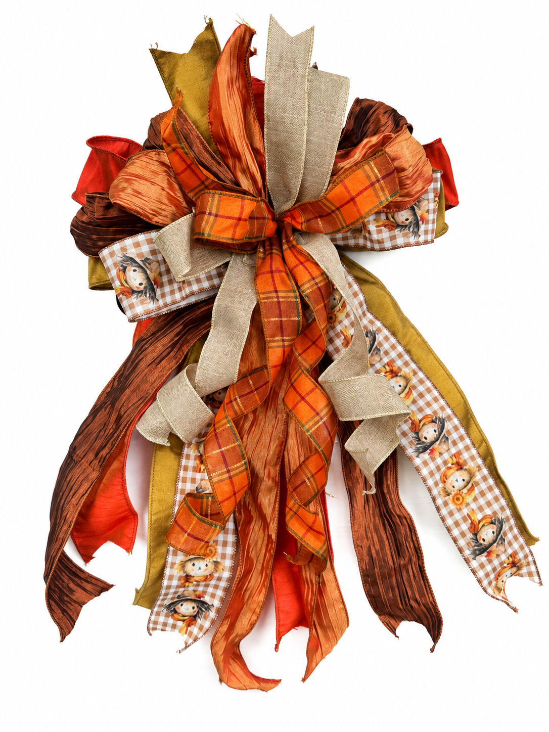 Broom & Briar Oversized Fall Door Bow / Orange, Brown, Tan / Scarecrow Print