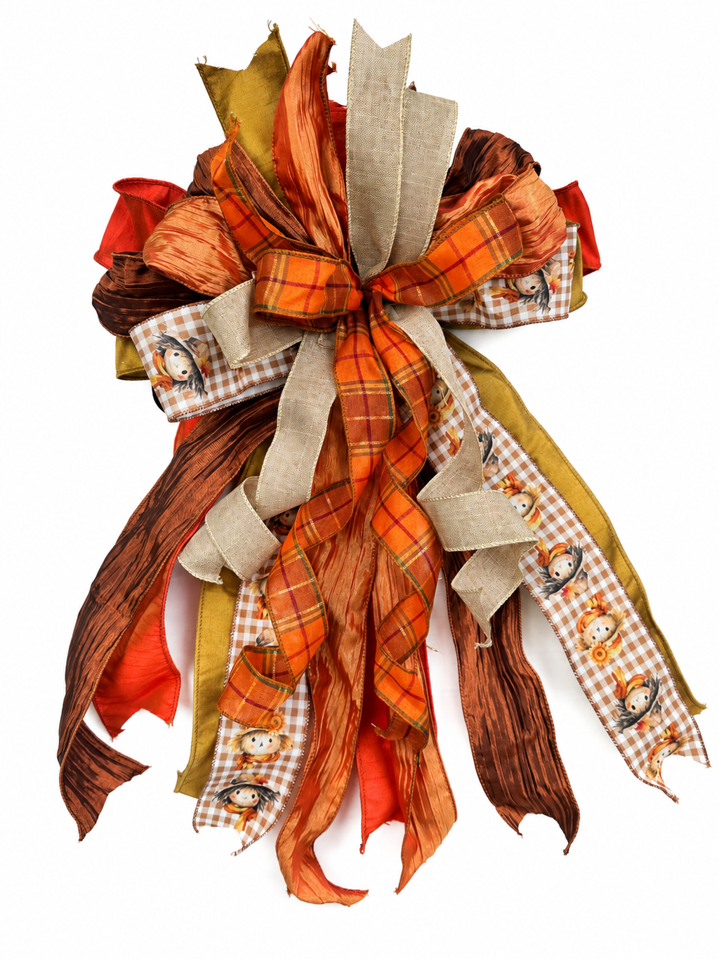 Broom & Briar Oversized Fall Door Bow / Orange, Brown, Tan / Scarecrow Print