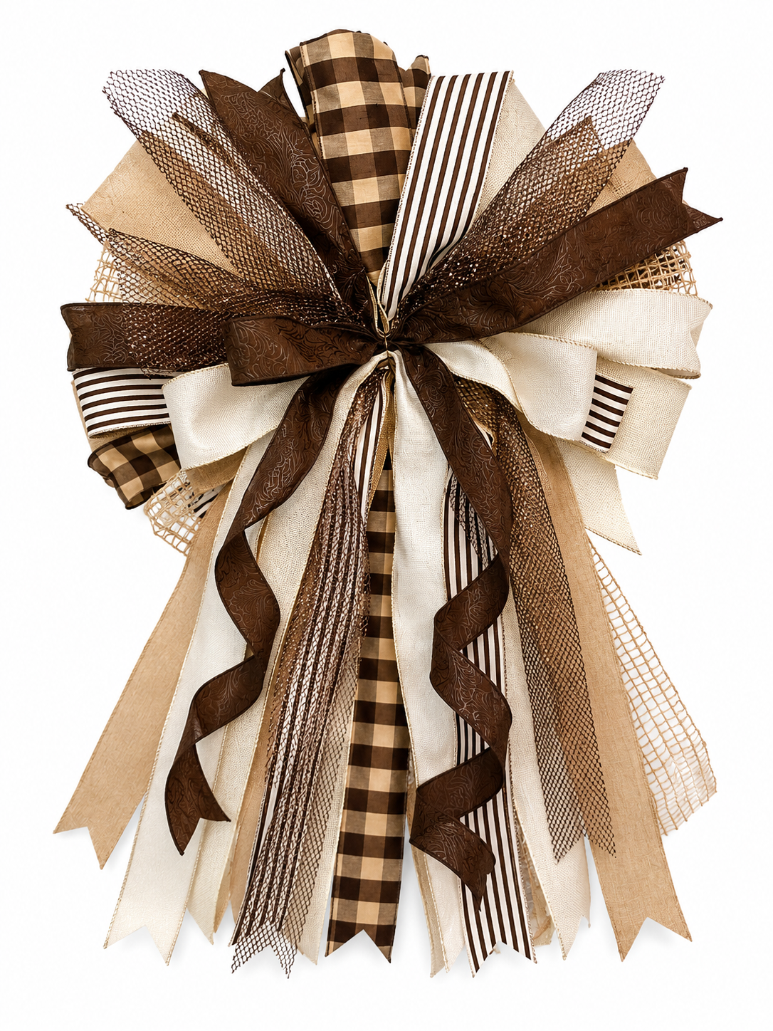Chocolate Noir handcrafted bow in brown, cream, and buffalo check ribbons