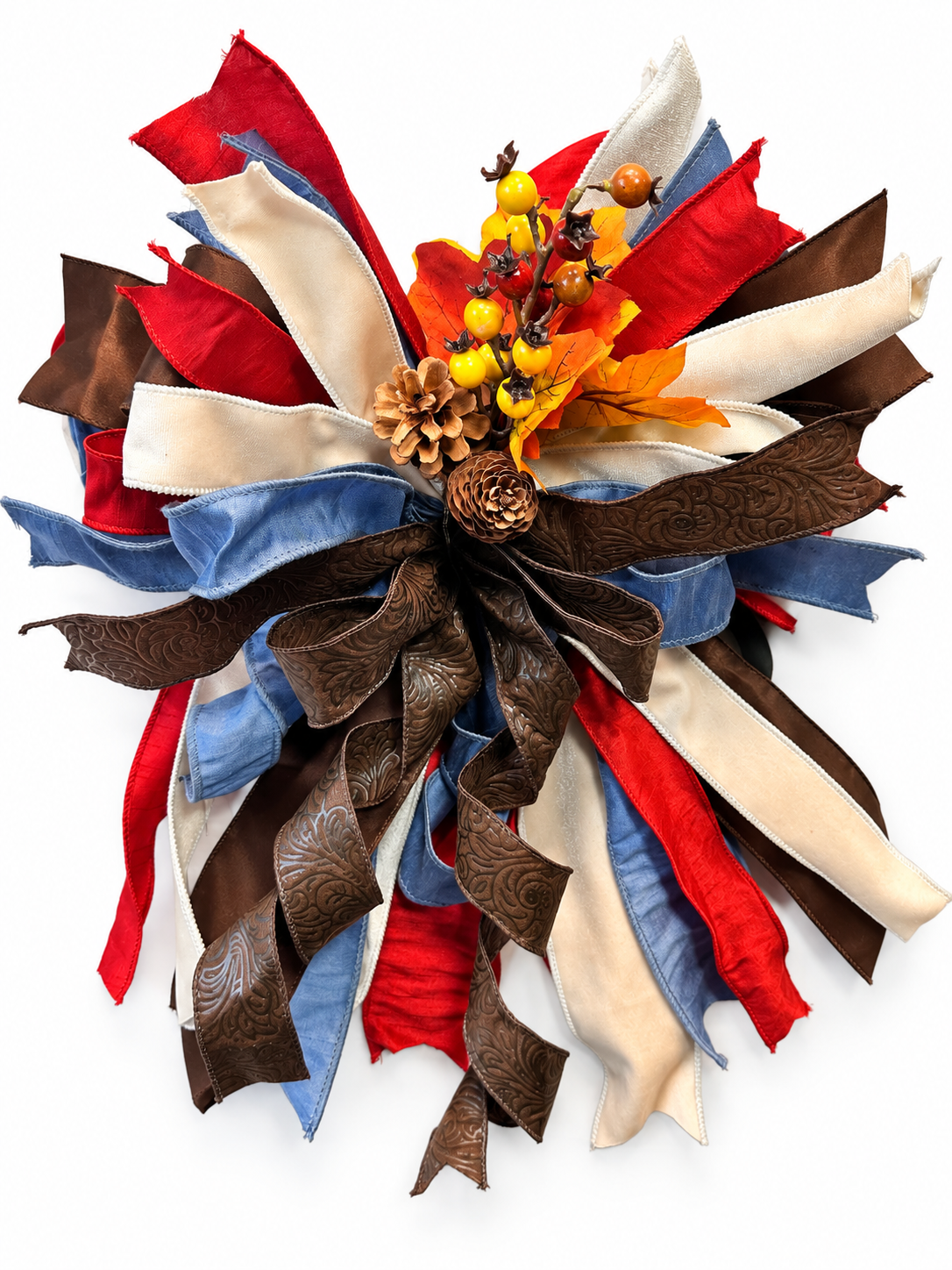Autumn Reserve Medium Door Bow – Red, Blue, Cream & Chocolate Brown Fall Statement Bow