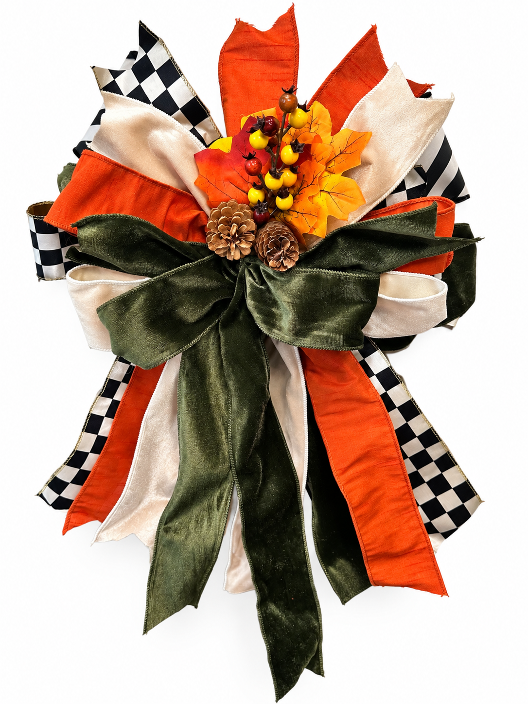 Cinnamon & Spice Medium Door Bow – Orange, Forest Green, Cream & Black Fall Statement Bow