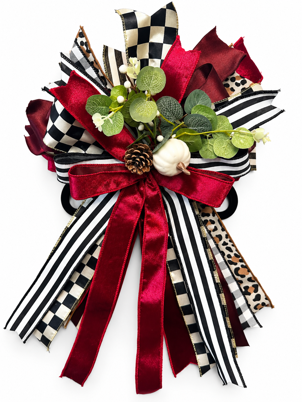 Autumn Finery Medium Door Bow – Burgundy, Black & White Fall Statement Bow