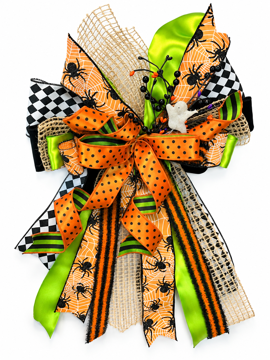 Spider’s Kiss Luxury Oversized Door Bow – Orange, Lime Green & Black Halloween Statement Bow