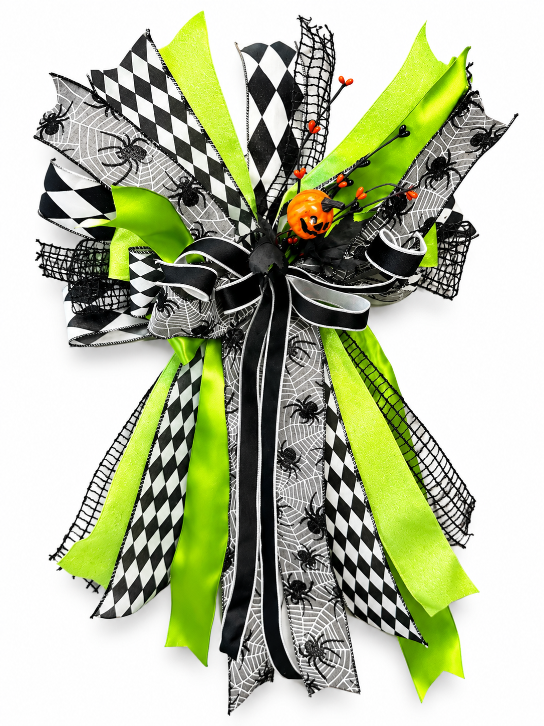 Wicked Web Luxury Oversized Door Bow – Lime Green, Black & White Halloween Statement Bow