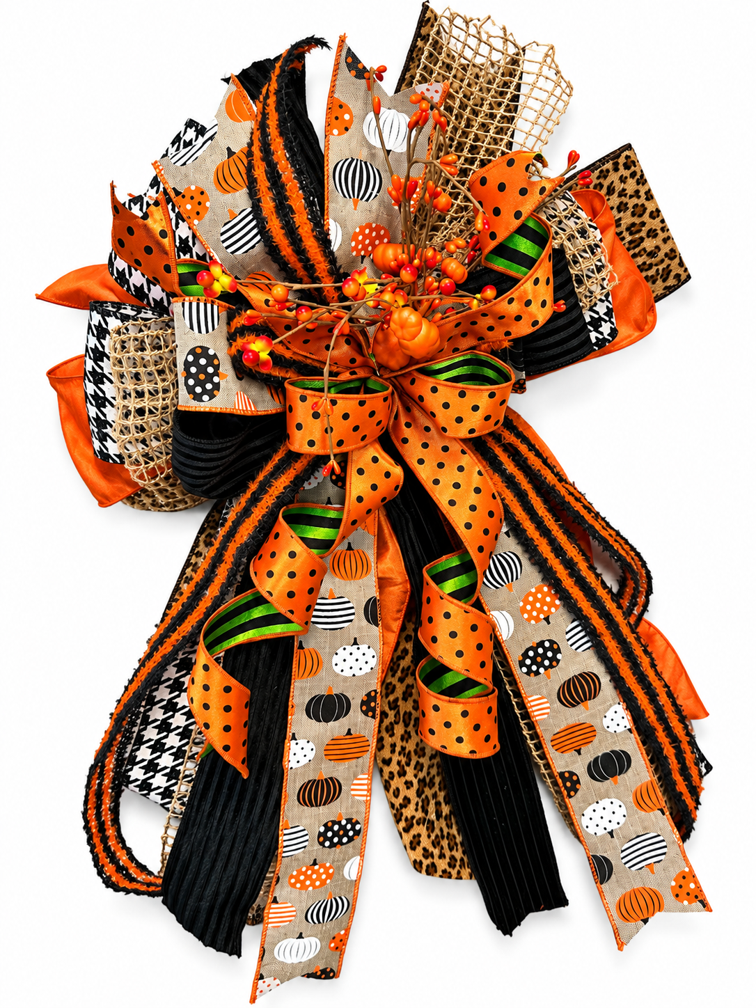 The Hidden Hollow Luxury Halloween Door Bow – Orange, Black & Lime Green Pumpkin Statement Bow