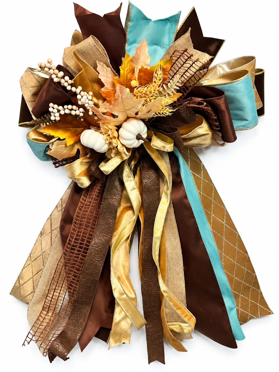 Autumn Reverie Luxury Oversized Door Bow – Turquoise, Chocolate Brown & Gold Fall Statement Bow