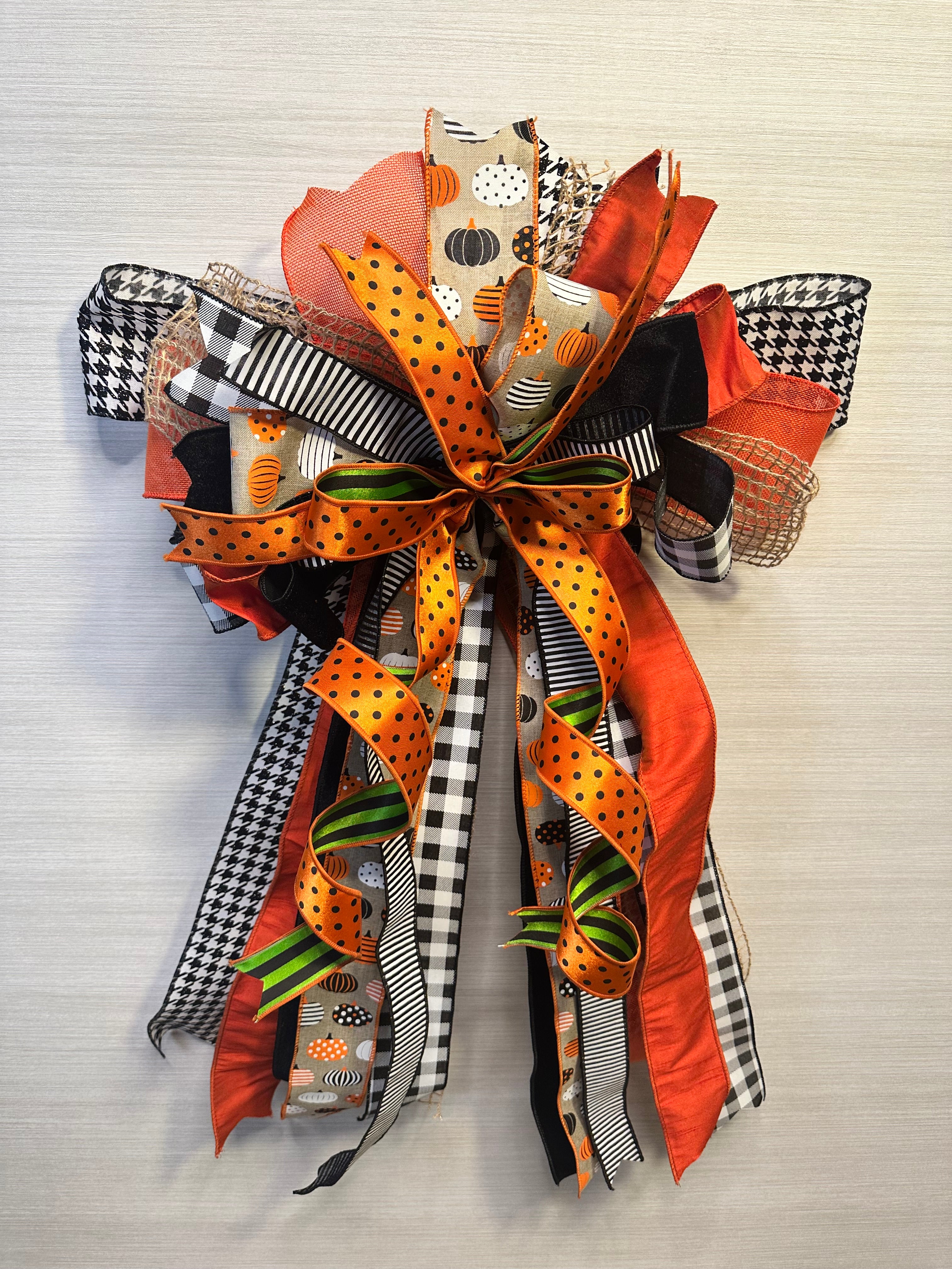 Pumpkin Finery Luxury Oversized Door Bow | Pumpkin Orange, Black, White & Green Statement Bow