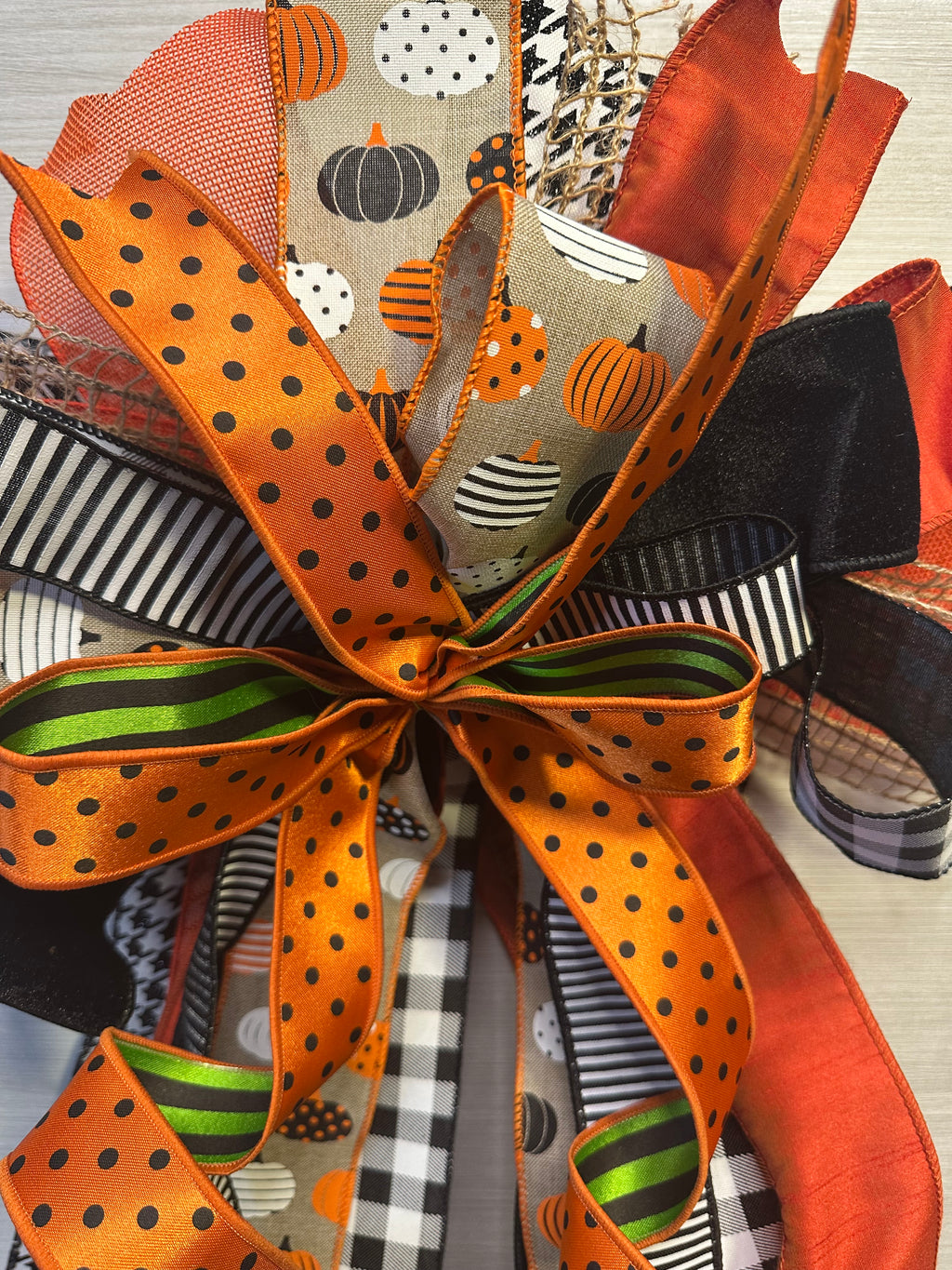 Pumpkin Finery Luxury Oversized Door Bow | Pumpkin Orange, Black, White & Green Statement Bow