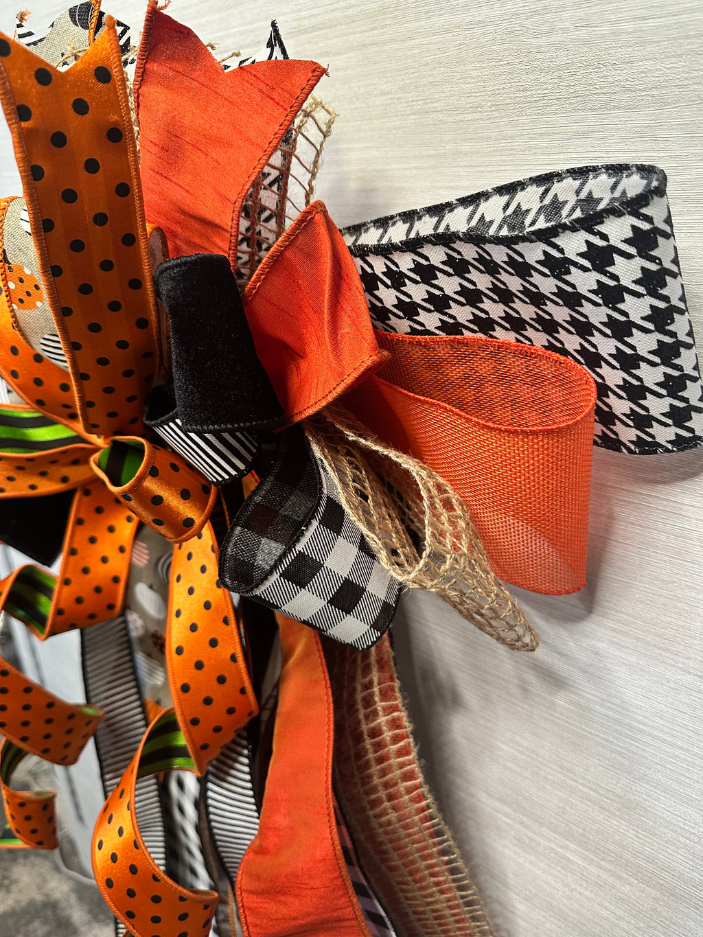 Pumpkin Finery Luxury Oversized Door Bow | Pumpkin Orange, Black, White & Green Statement Bow