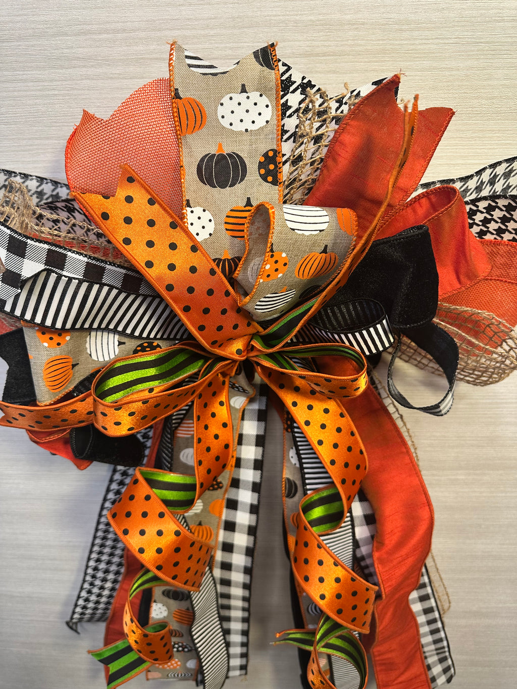 Pumpkin Finery Luxury Oversized Door Bow | Pumpkin Orange, Black, White & Green Statement Bow