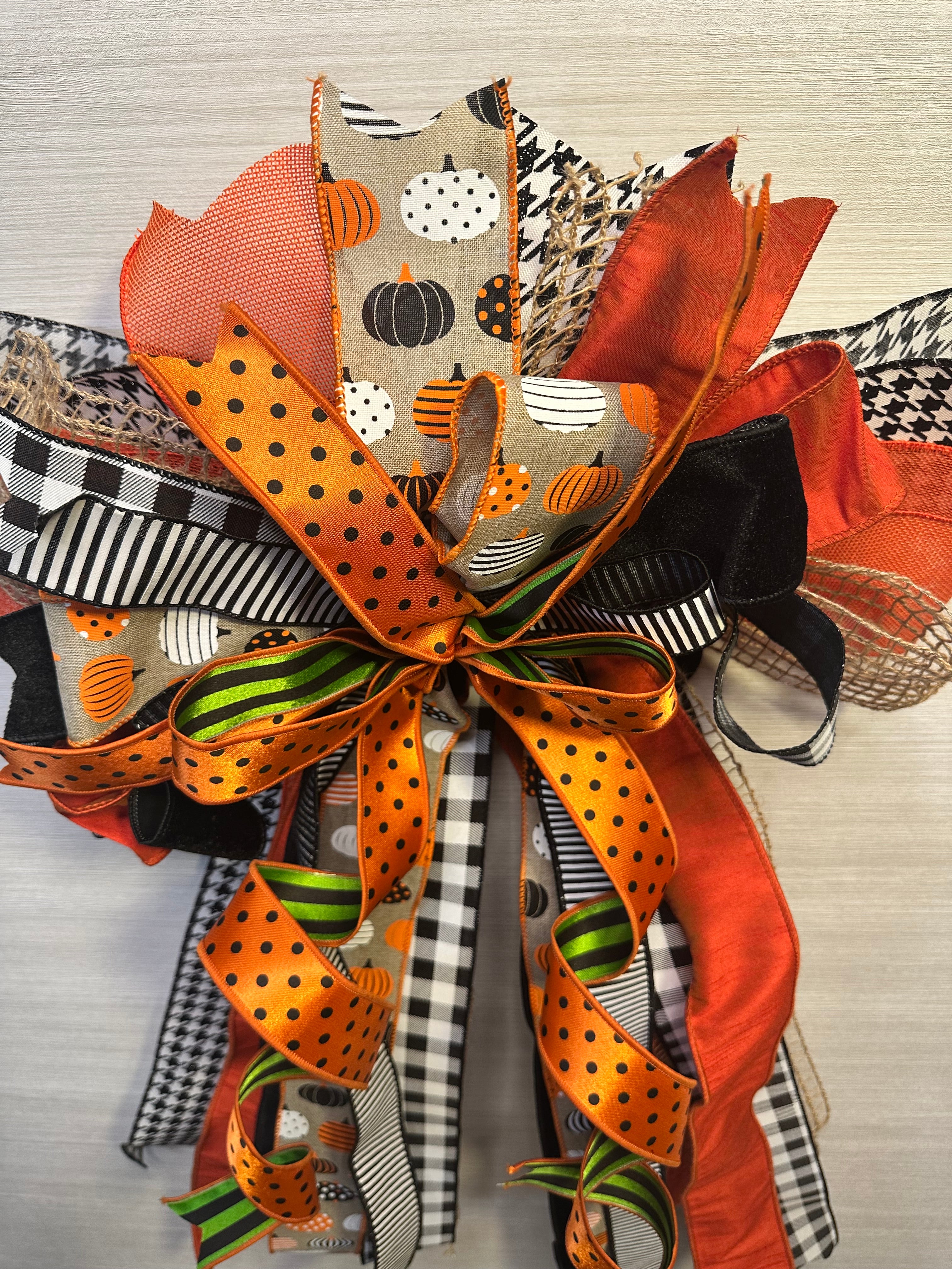 Pumpkin Finery Luxury Oversized Door Bow | Pumpkin Orange, Black, White & Green Statement Bow