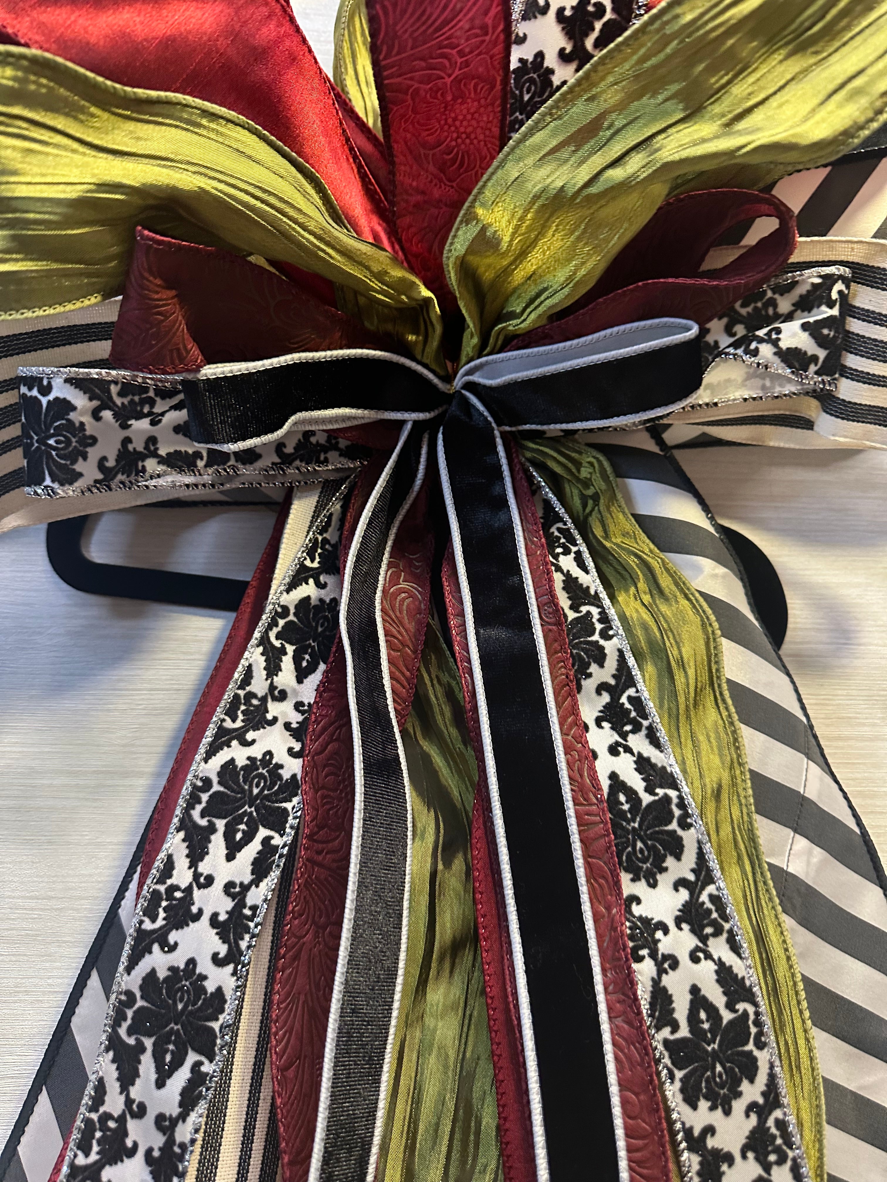 Midnight Masquerade Luxury Oversized Door Bow | Burgundy, Black, Lime & Ivory Statement Bow