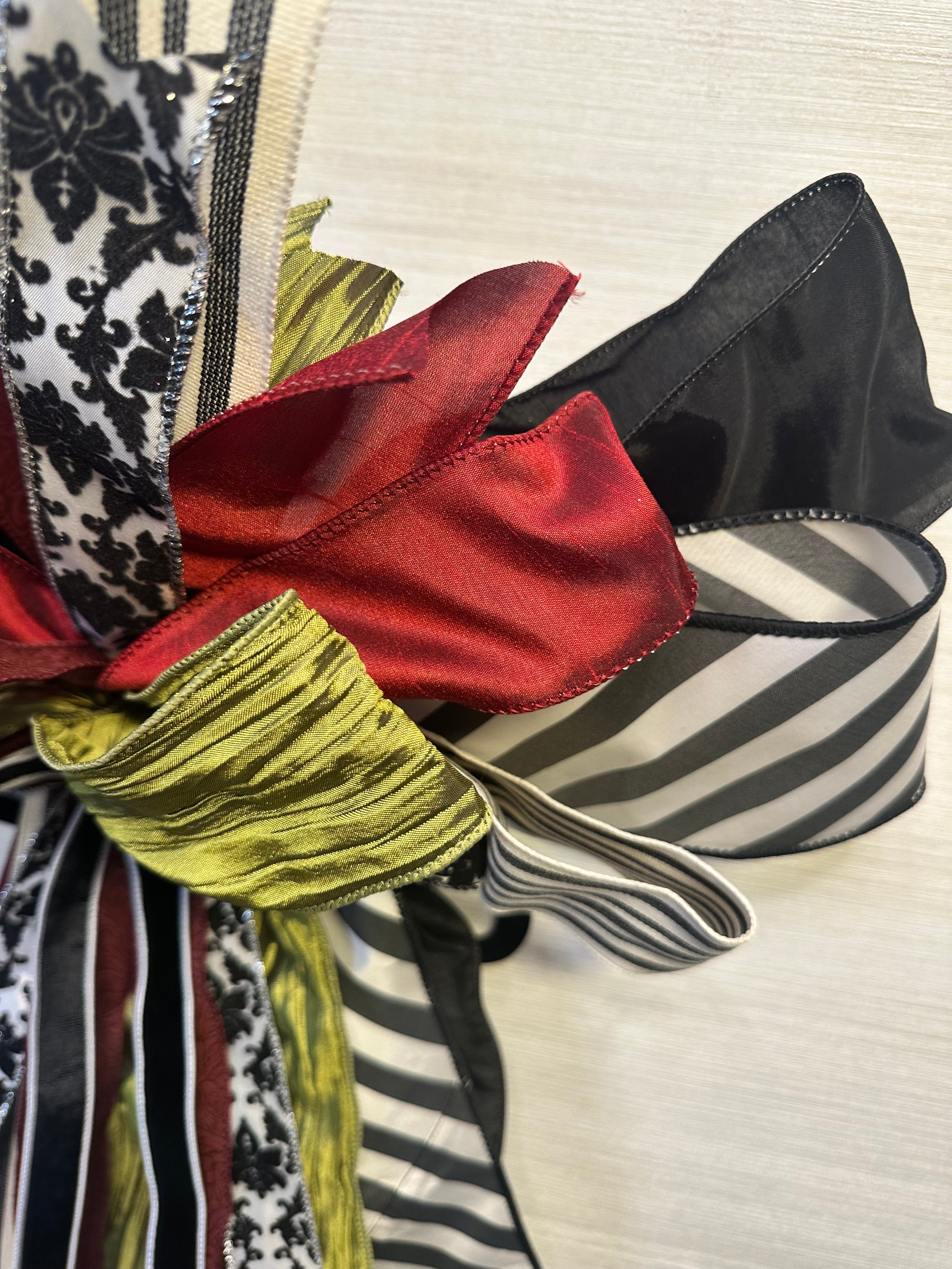 Midnight Masquerade Luxury Oversized Door Bow | Burgundy, Black, Lime & Ivory Statement Bow