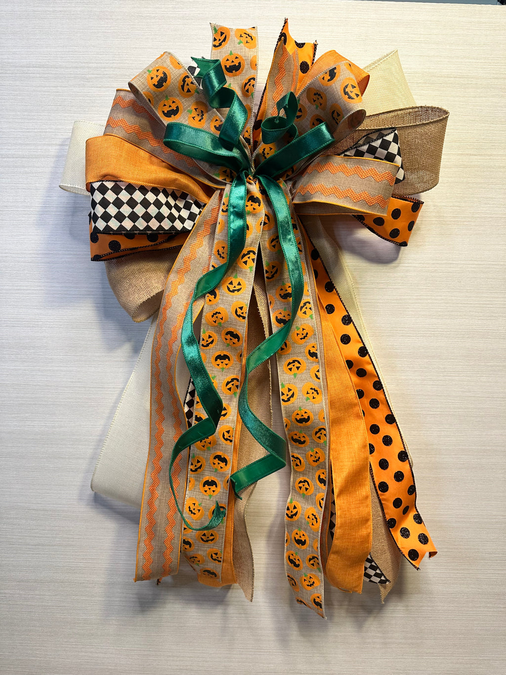 Pumpkin Court Luxury Oversized Door Bow | Pumpkin Orange, Emerald Green, Black & Natural Fall Statement Bow
