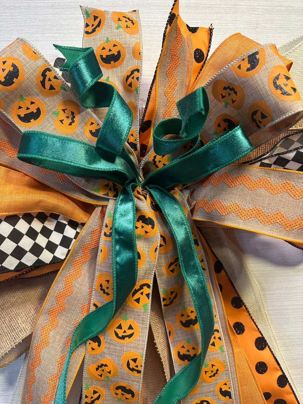 Pumpkin Court Luxury Oversized Door Bow | Pumpkin Orange, Emerald Green, Black & Natural Fall Statement Bow