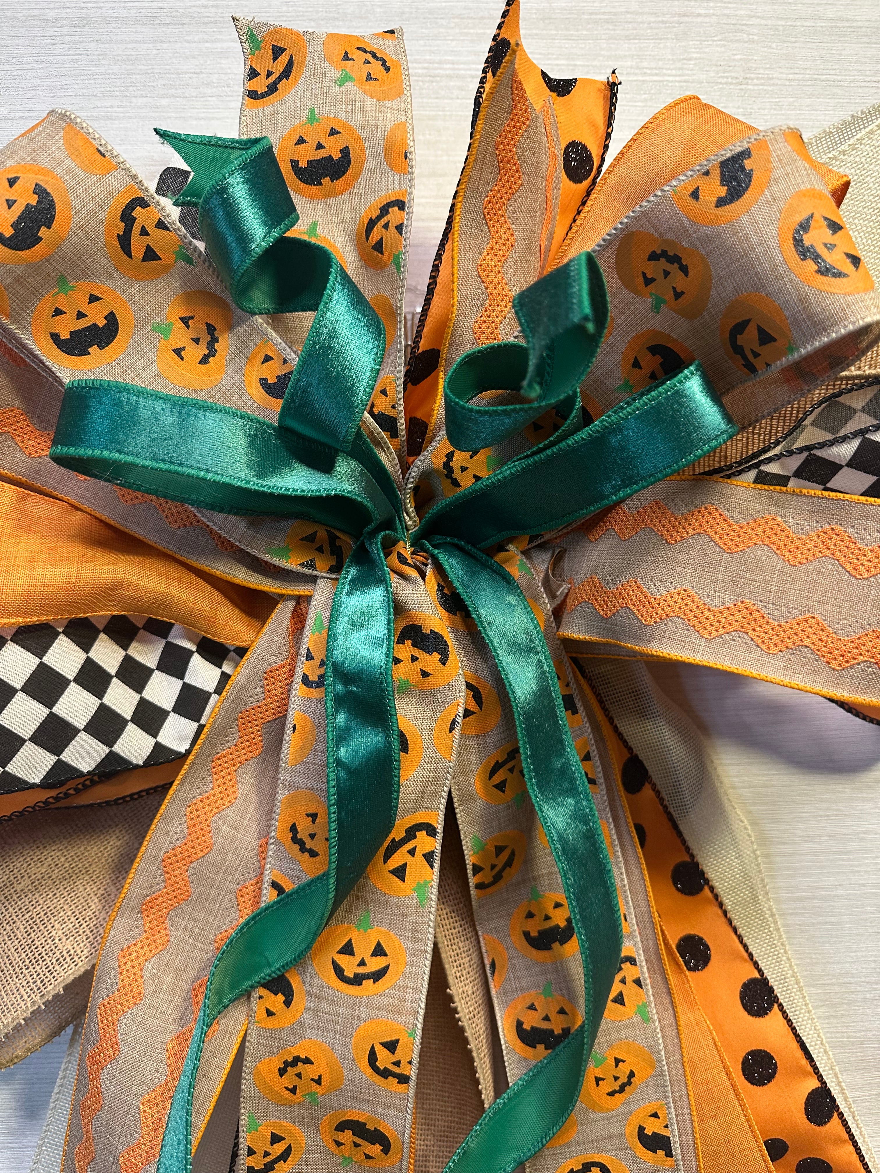 Pumpkin Court Luxury Oversized Door Bow | Pumpkin Orange, Emerald Green, Black & Natural Fall Statement Bow