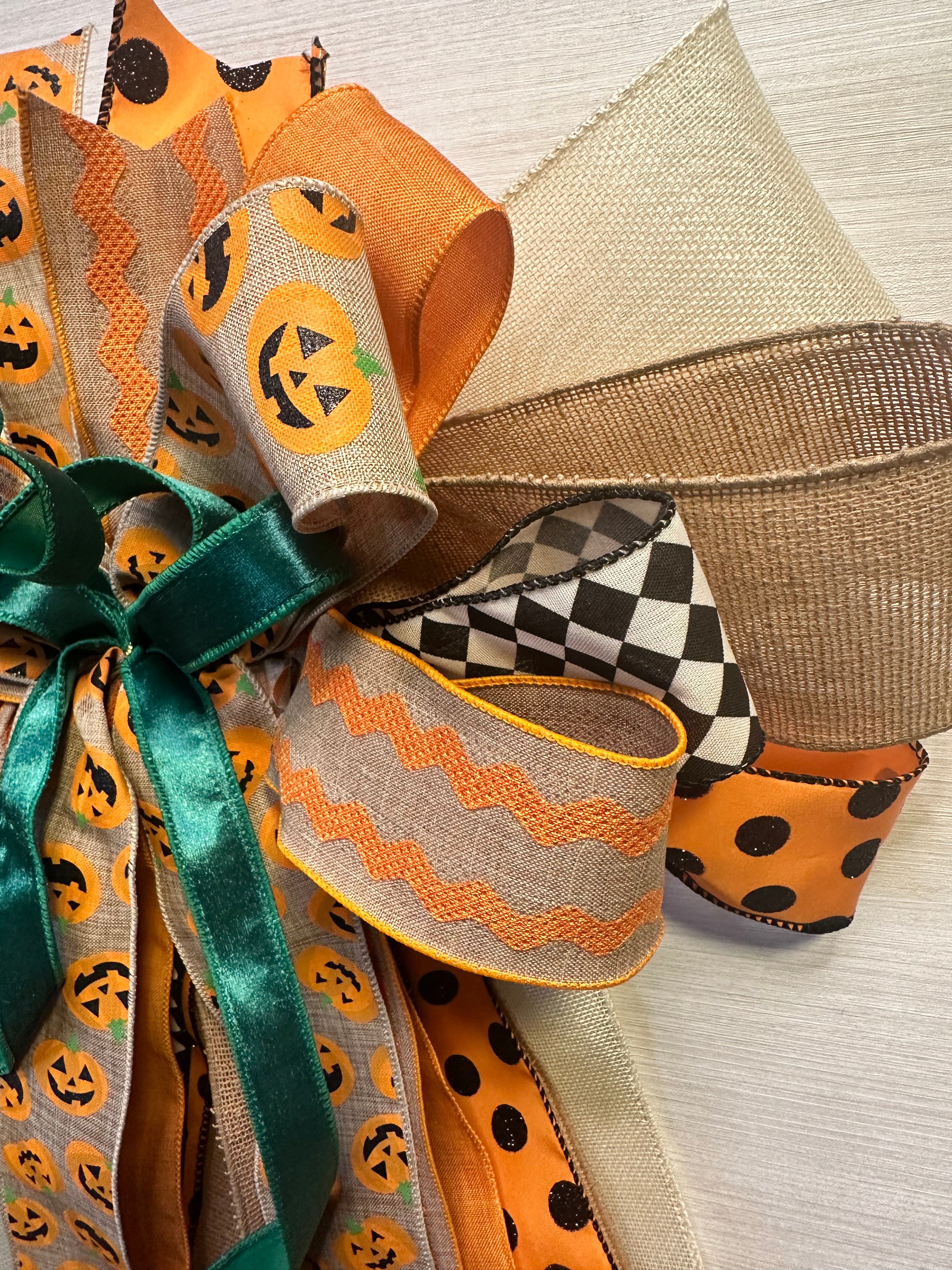 Pumpkin Court Luxury Oversized Door Bow | Pumpkin Orange, Emerald Green, Black & Natural Fall Statement Bow
