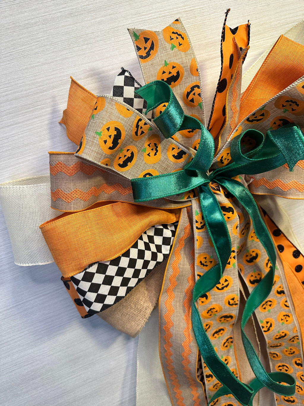 Pumpkin Court Luxury Oversized Door Bow | Pumpkin Orange, Emerald Green, Black & Natural Fall Statement Bow