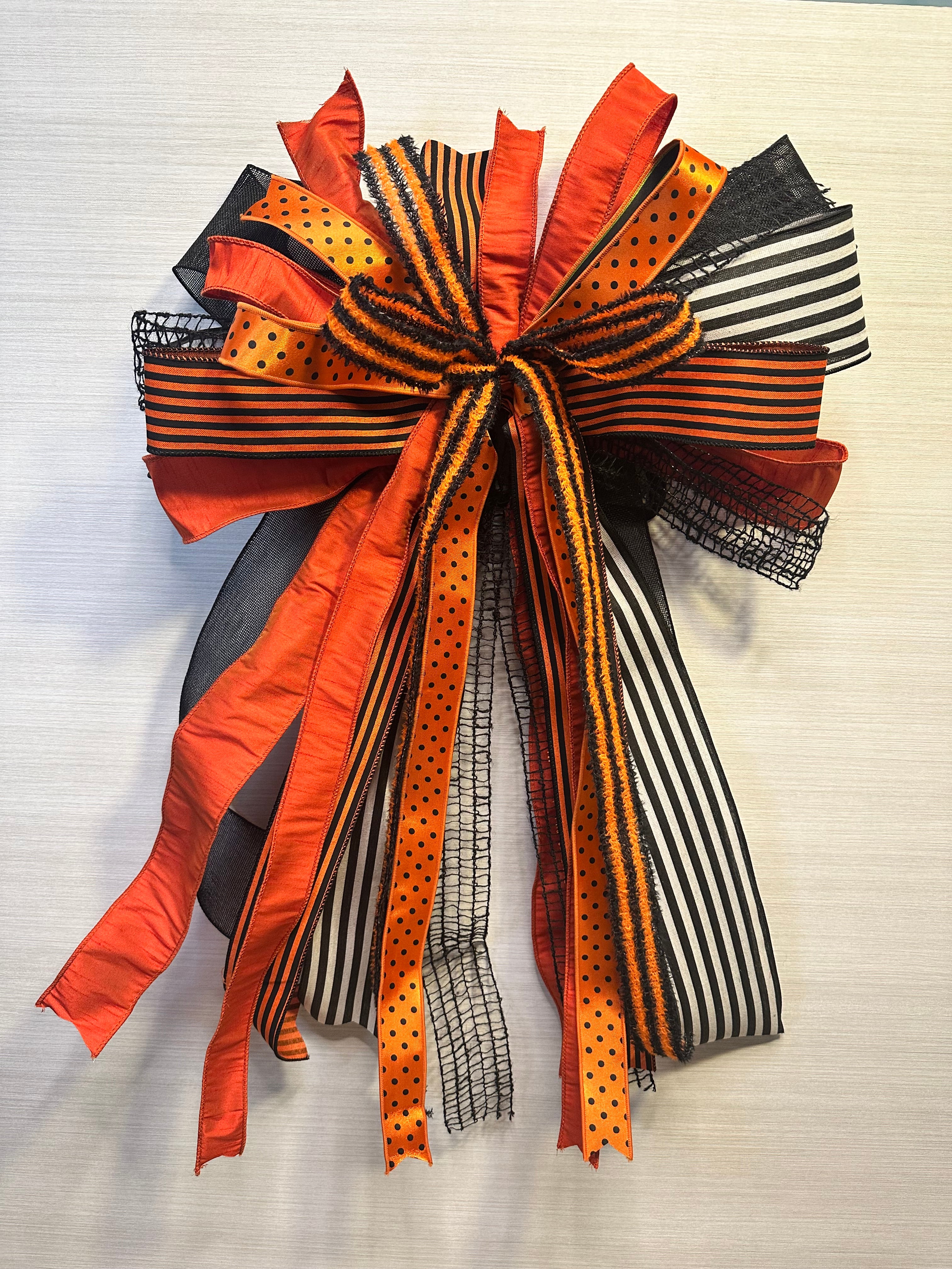 Enchanted Noir Luxury Oversized Door Bow | Orange, Black & White Halloween Statement Bow