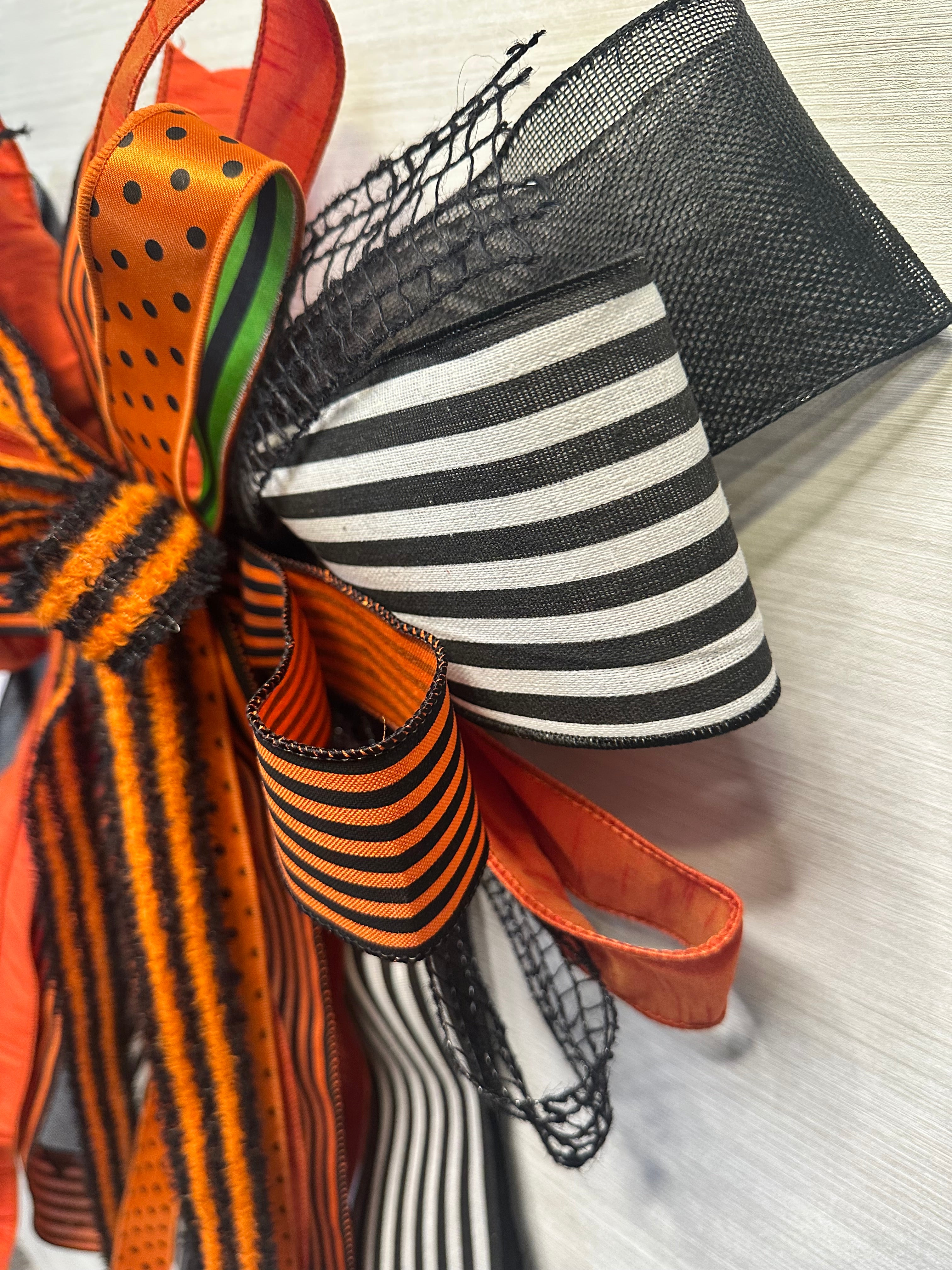 Enchanted Noir Luxury Oversized Door Bow | Orange, Black & White Halloween Statement Bow