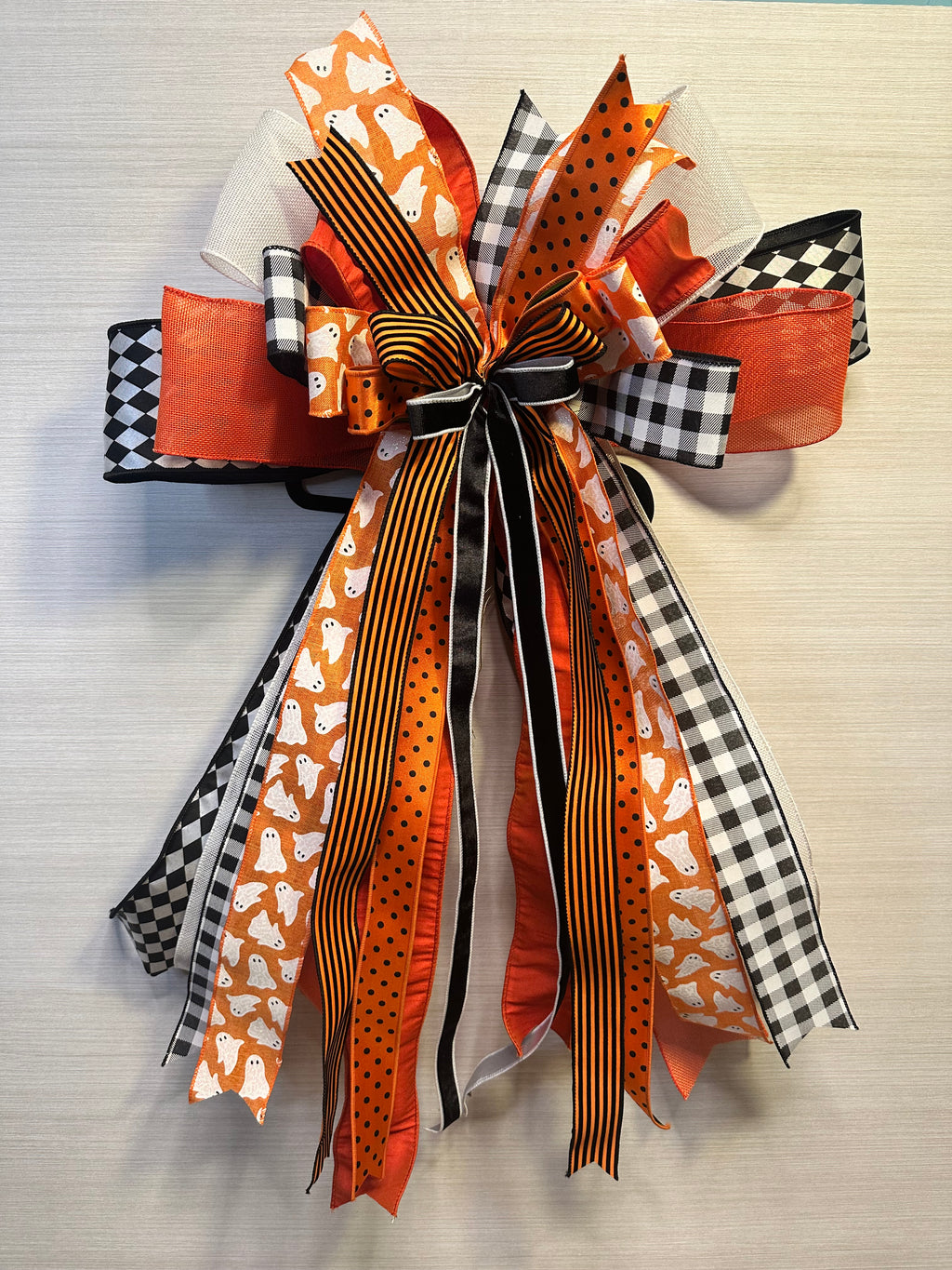 Ghoulish Glamour Luxury Oversized Door Bow | Orange, Black & White Halloween Statement Bow