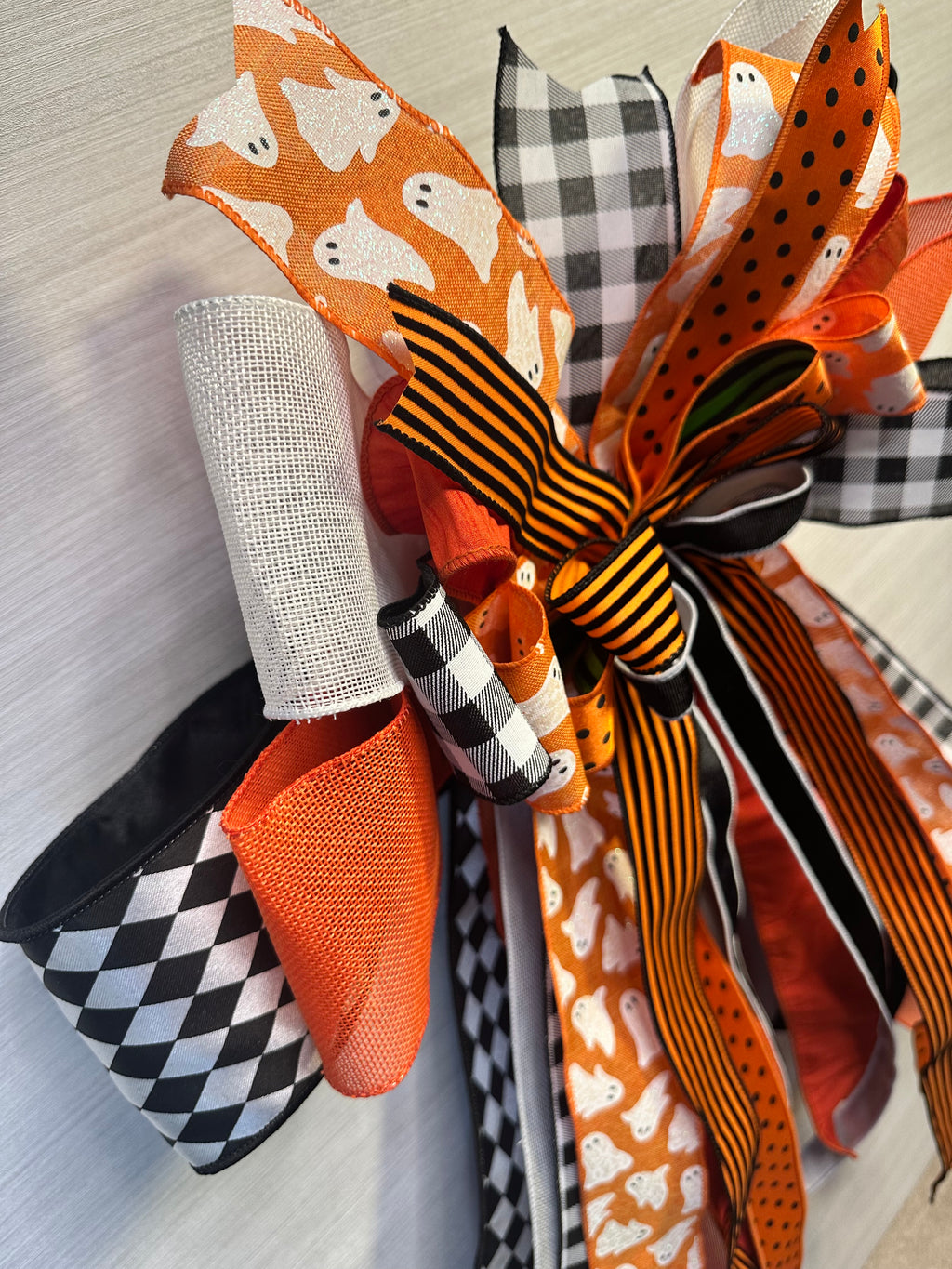 Ghoulish Glamour Luxury Oversized Door Bow | Orange, Black & White Halloween Statement Bow