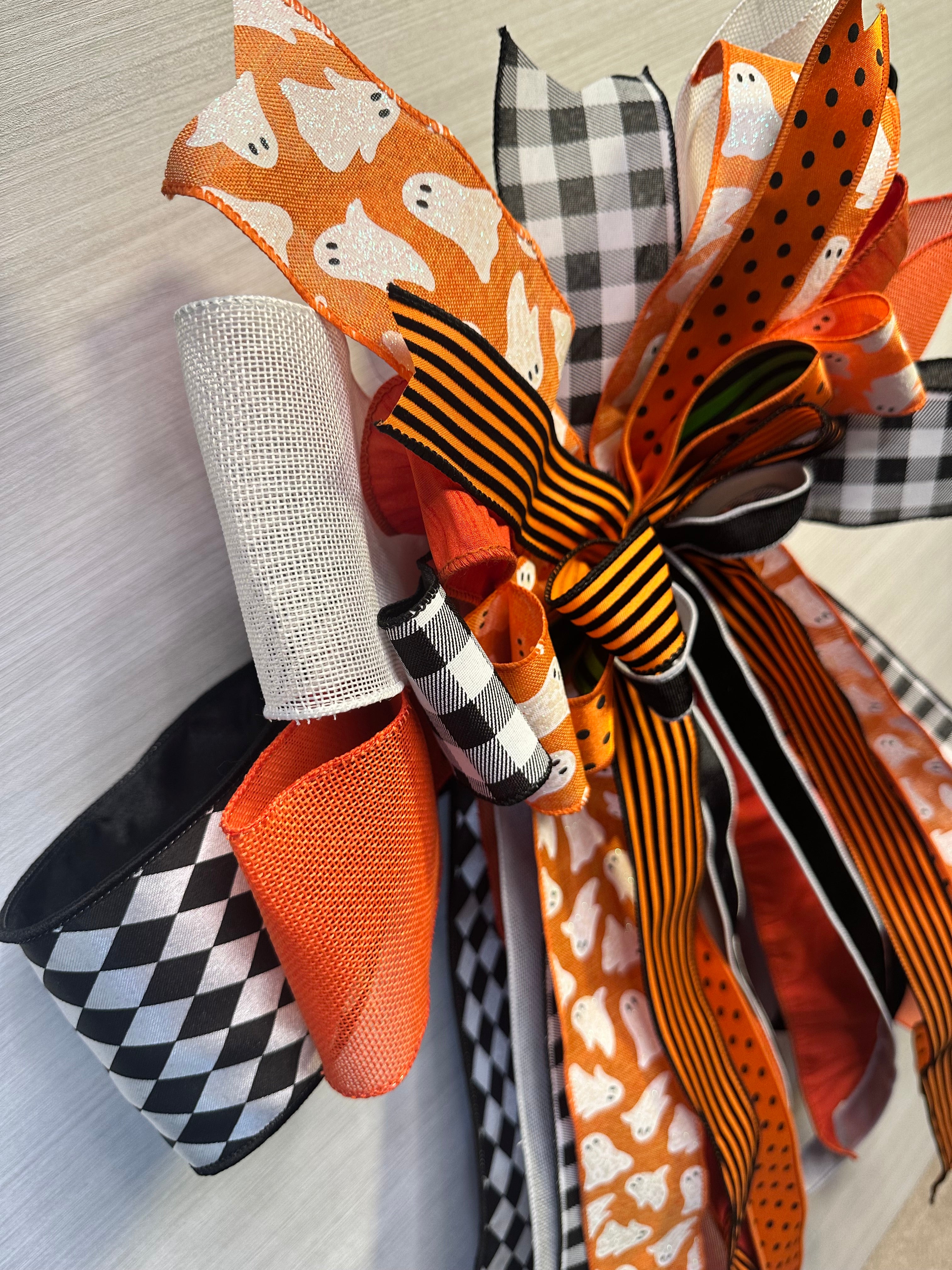 Ghoulish Glamour Luxury Oversized Door Bow | Orange, Black & White Halloween Statement Bow