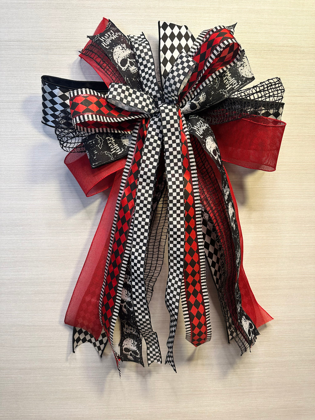 Graveyard Shift Luxury Oversized Door Bow | Black, Red & White Halloween Statement Bow