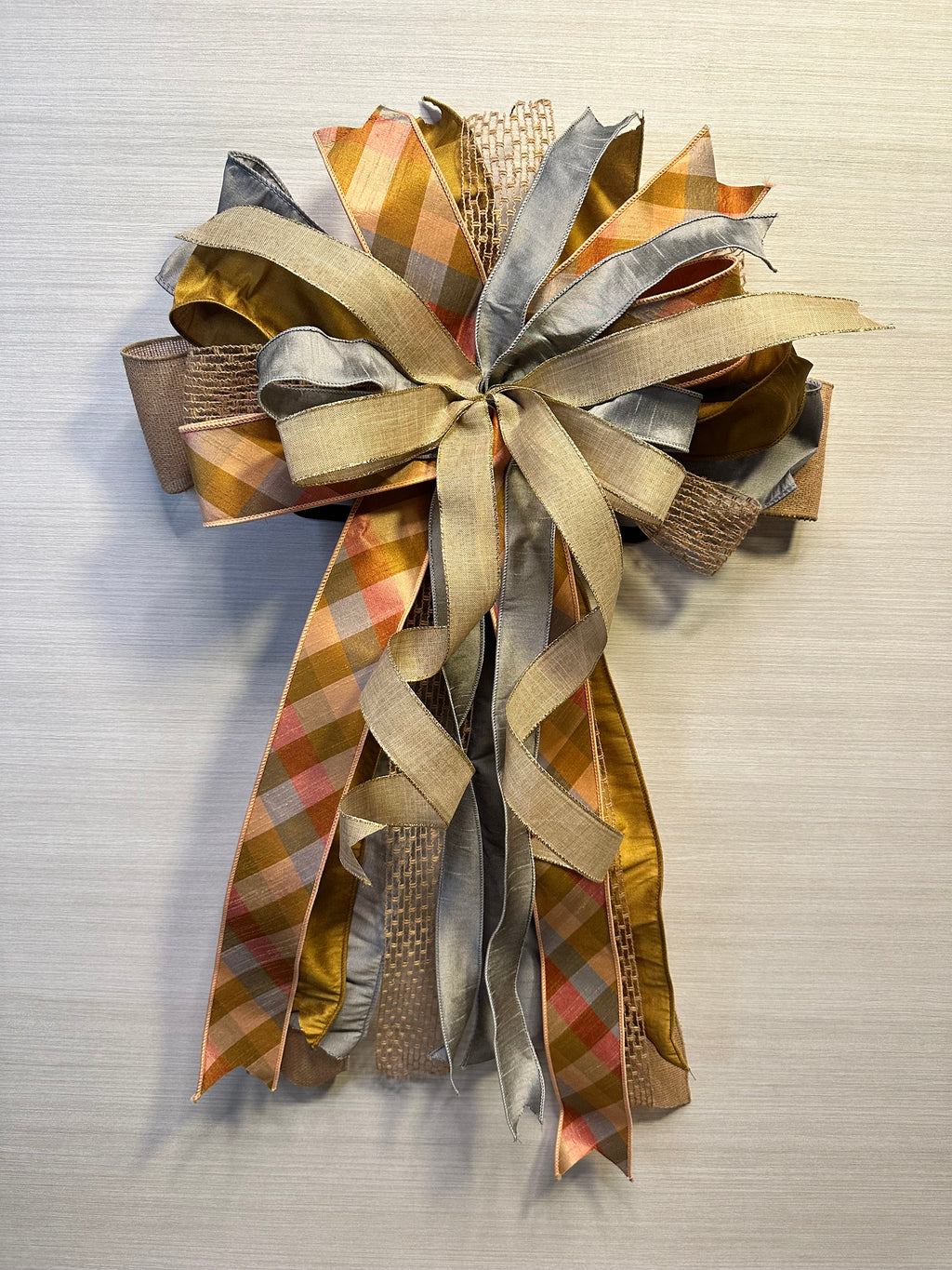 Whispering Wheat | Luxury Oversized Door Bow | Neutrals with Peach, Silver Gray & Tan Statement Bow