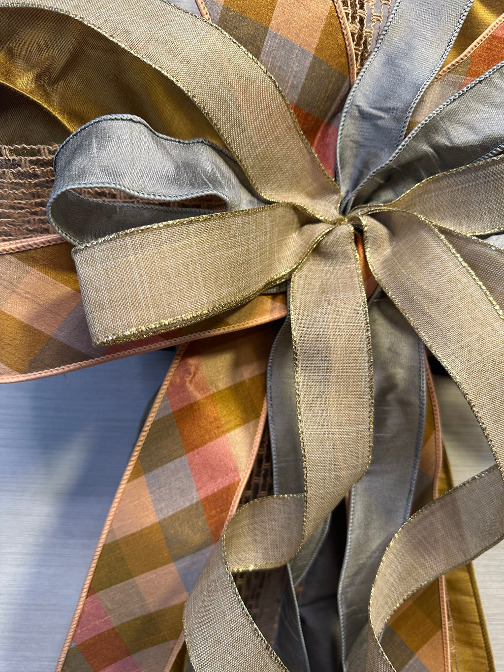 Whispering Wheat | Luxury Oversized Door Bow | Neutrals with Peach, Silver Gray & Tan Statement Bow