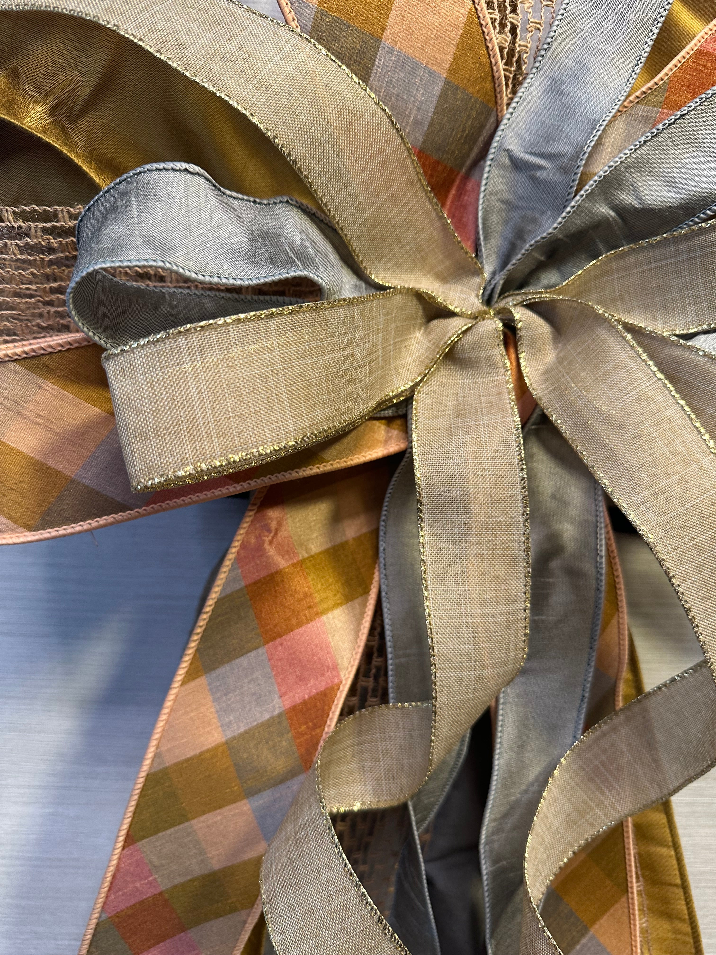 Whispering Wheat | Luxury Oversized Door Bow | Neutrals with Peach, Silver Gray & Tan Statement Bow