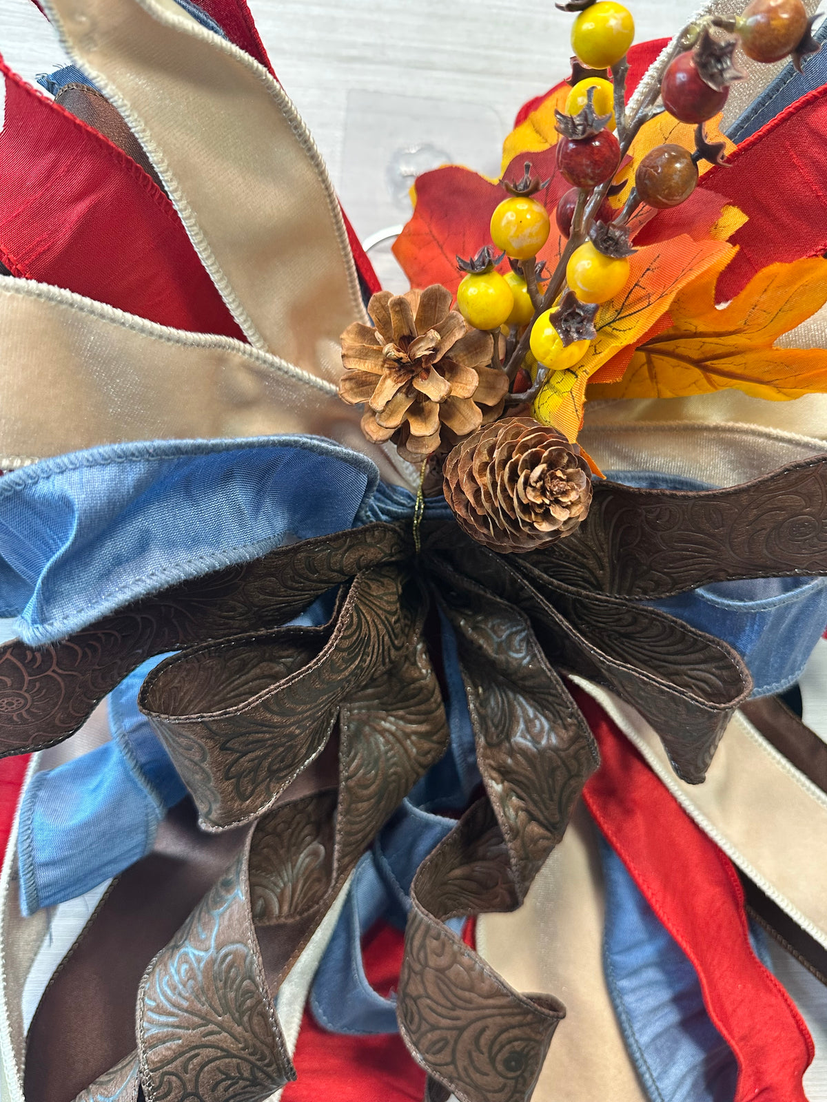 Autumn Reserve Medium Door Bow – Red, Blue, Cream & Chocolate Brown Fall Statement Bow