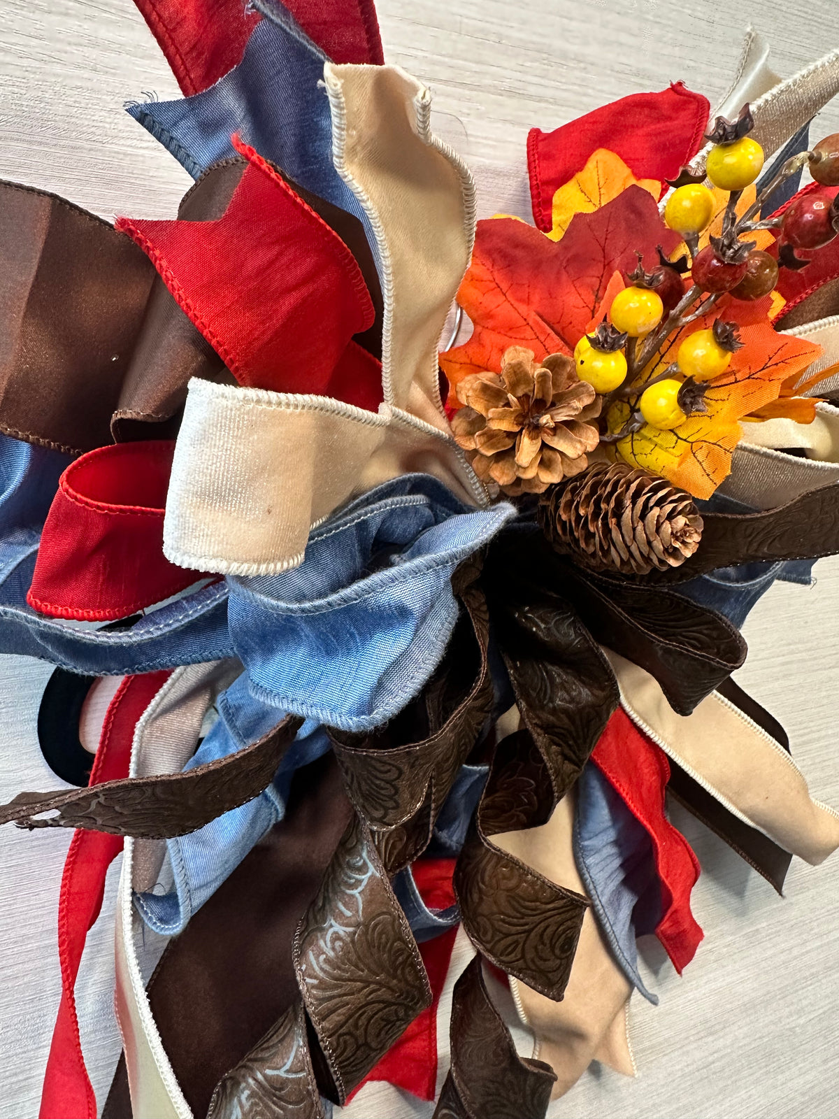 Autumn Reserve Medium Door Bow – Red, Blue, Cream & Chocolate Brown Fall Statement Bow