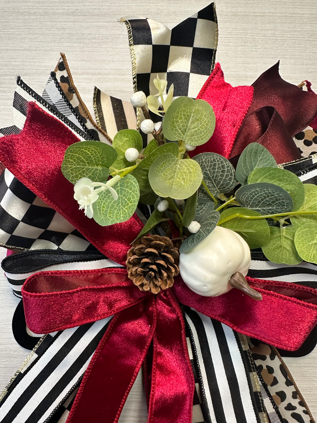 Autumn Finery Medium Door Bow – Burgundy, Black & White Fall Statement Bow