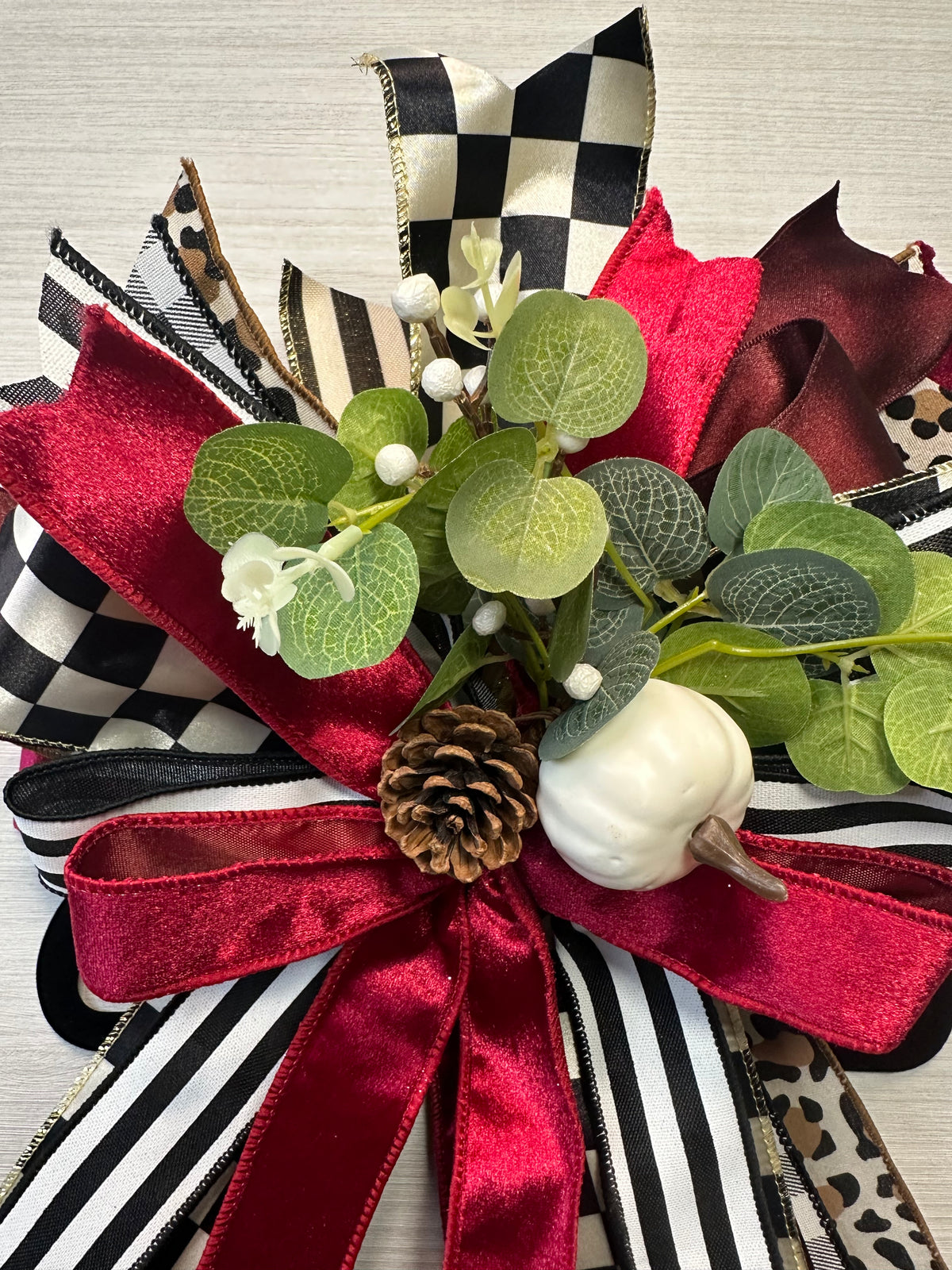 Autumn Finery Medium Door Bow – Burgundy, Black & White Fall Statement Bow