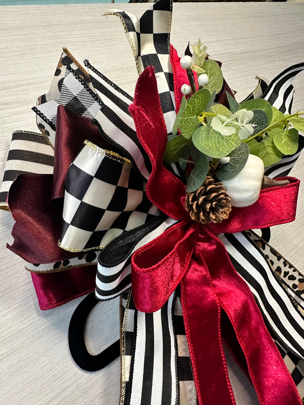 Autumn Finery Medium Door Bow – Burgundy, Black & White Fall Statement Bow