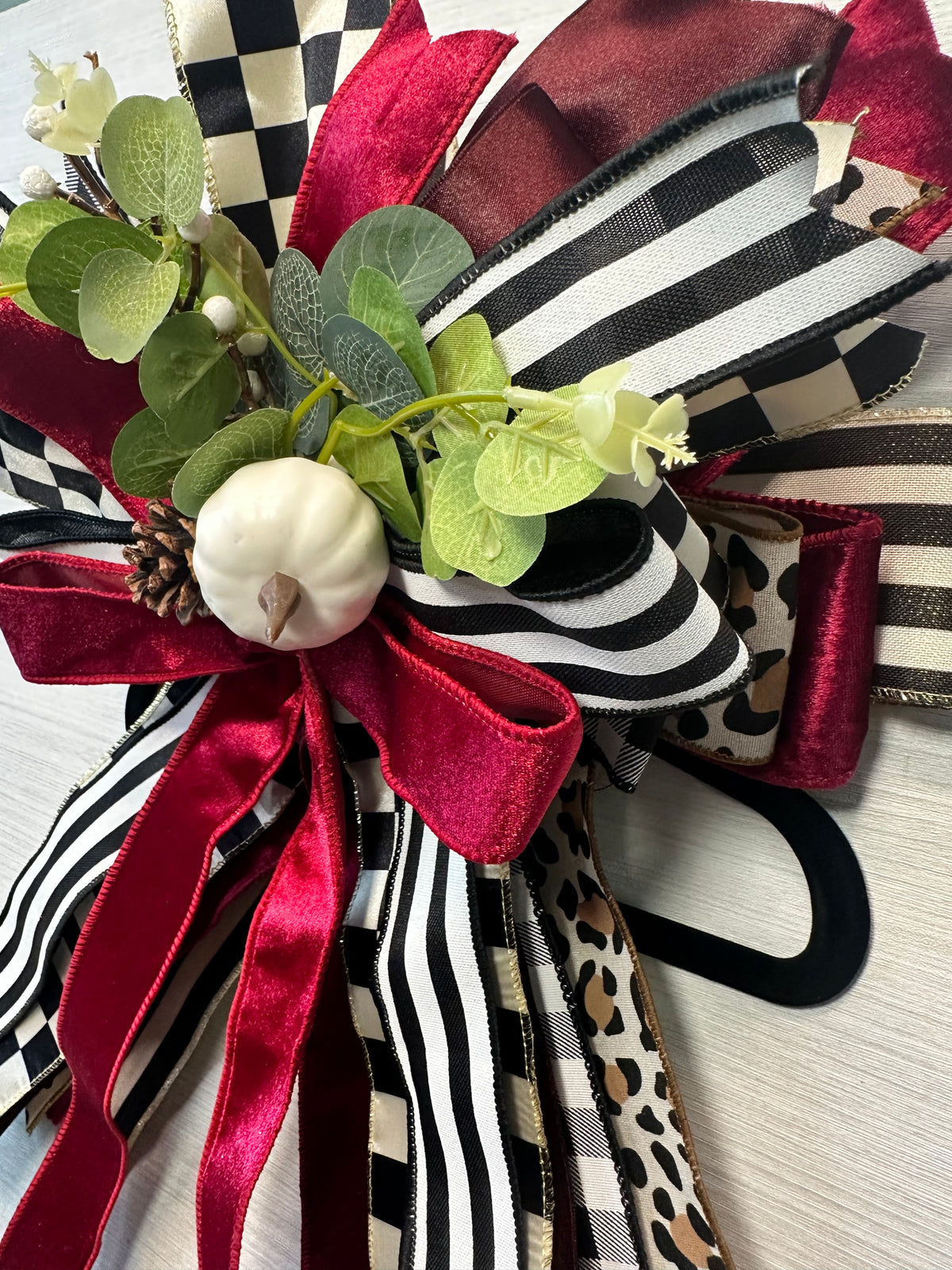 Autumn Finery Medium Door Bow – Burgundy, Black & White Fall Statement Bow