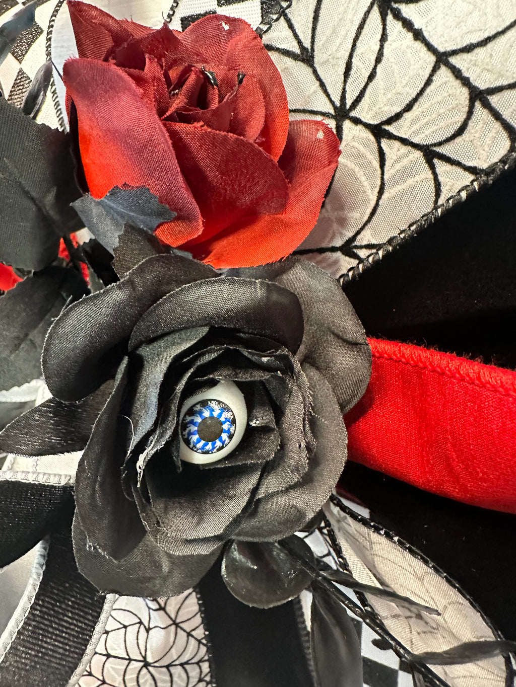 Black Widow Medium Halloween Door Bow – Red, Black & White Spider Statement Bow
