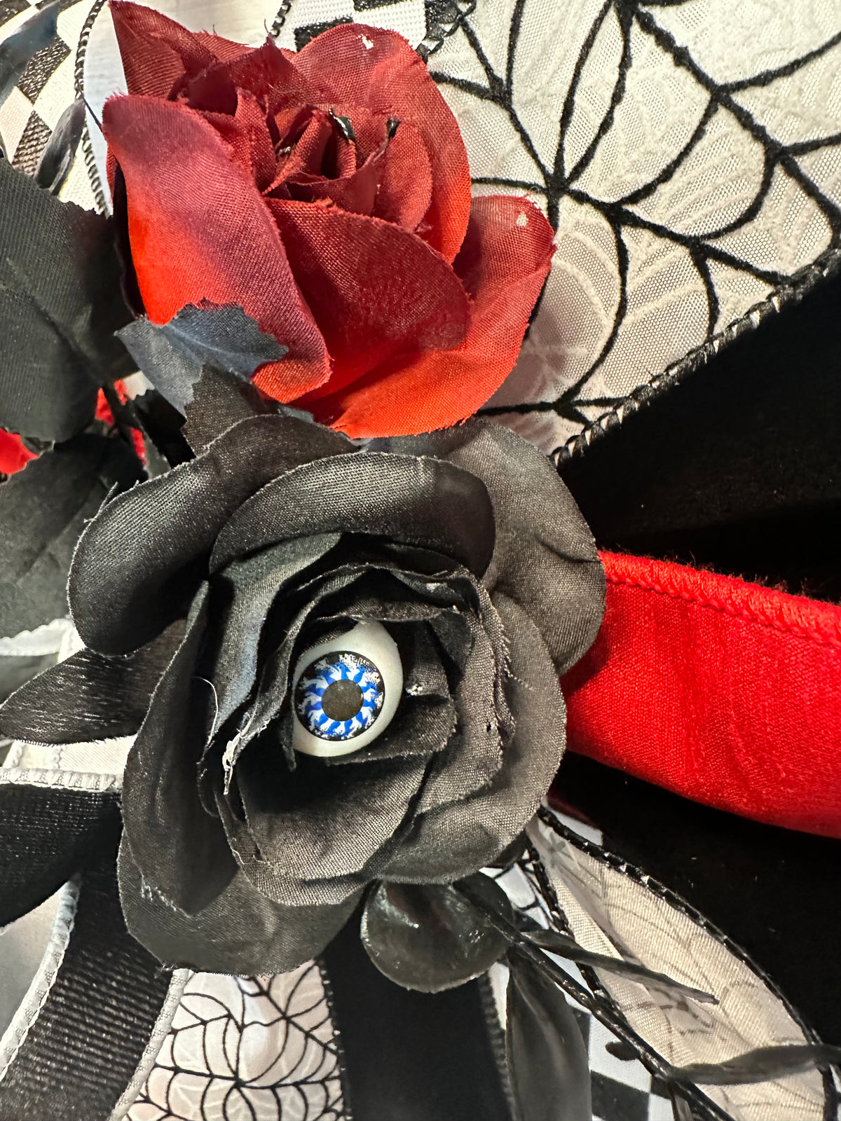 Black Widow Medium Halloween Door Bow – Red, Black & White Spider Statement Bow