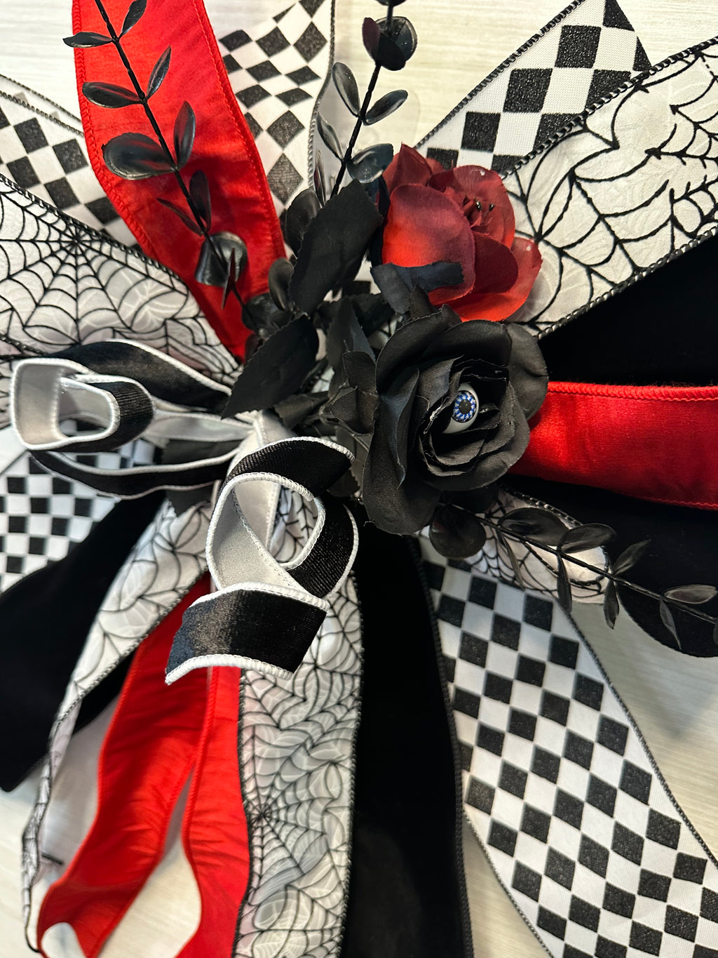 Black Widow Medium Halloween Door Bow – Red, Black & White Spider Statement Bow