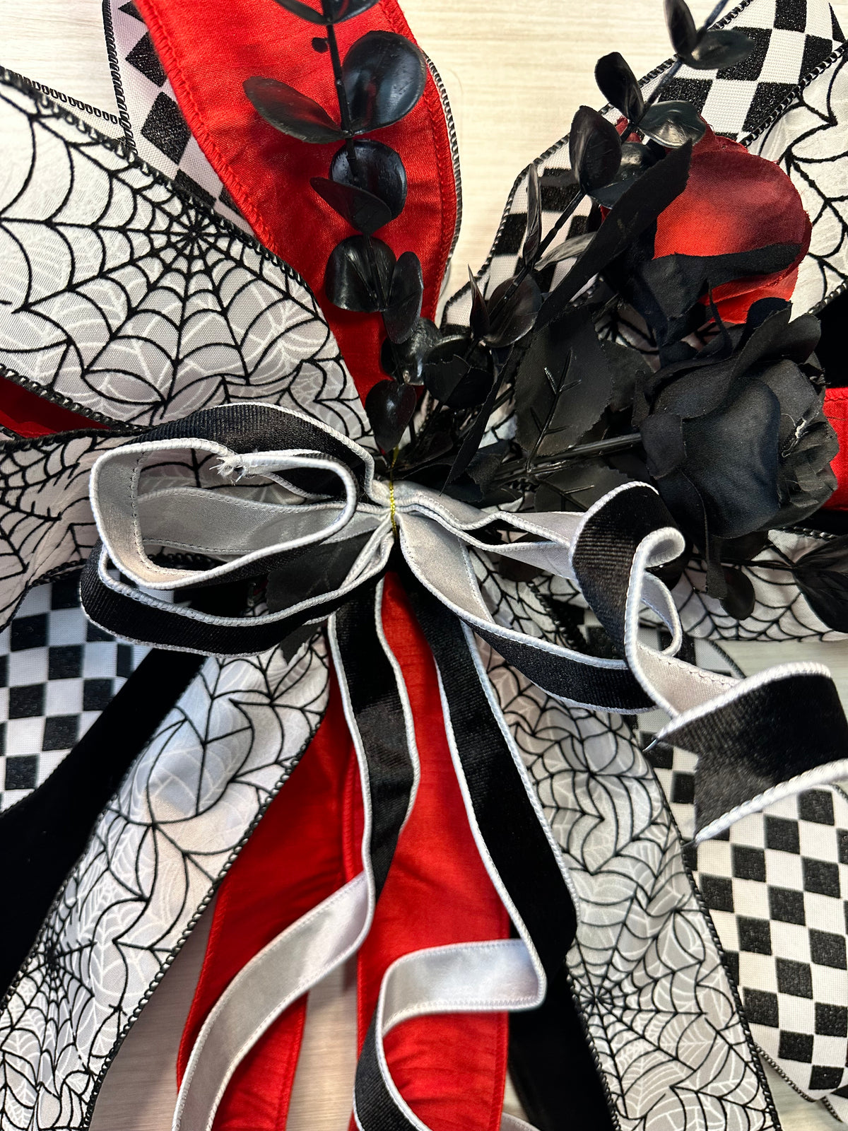 Black Widow Medium Halloween Door Bow – Red, Black & White Spider Statement Bow