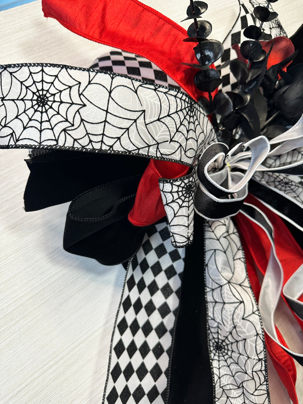 Black Widow Medium Halloween Door Bow – Red, Black & White Spider Statement Bow