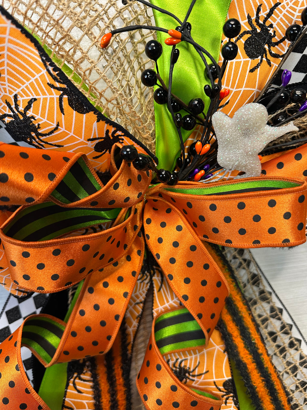 Spider’s Kiss Luxury Oversized Door Bow – Orange, Lime Green & Black Halloween Statement Bow