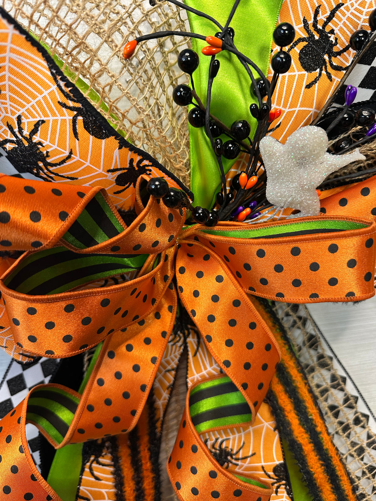 Spider’s Kiss Luxury Oversized Door Bow – Orange, Lime Green & Black Halloween Statement Bow