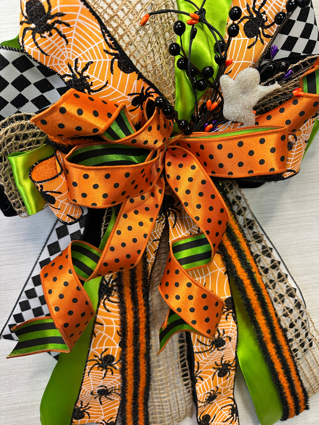 Spider’s Kiss Luxury Oversized Door Bow – Orange, Lime Green & Black Halloween Statement Bow