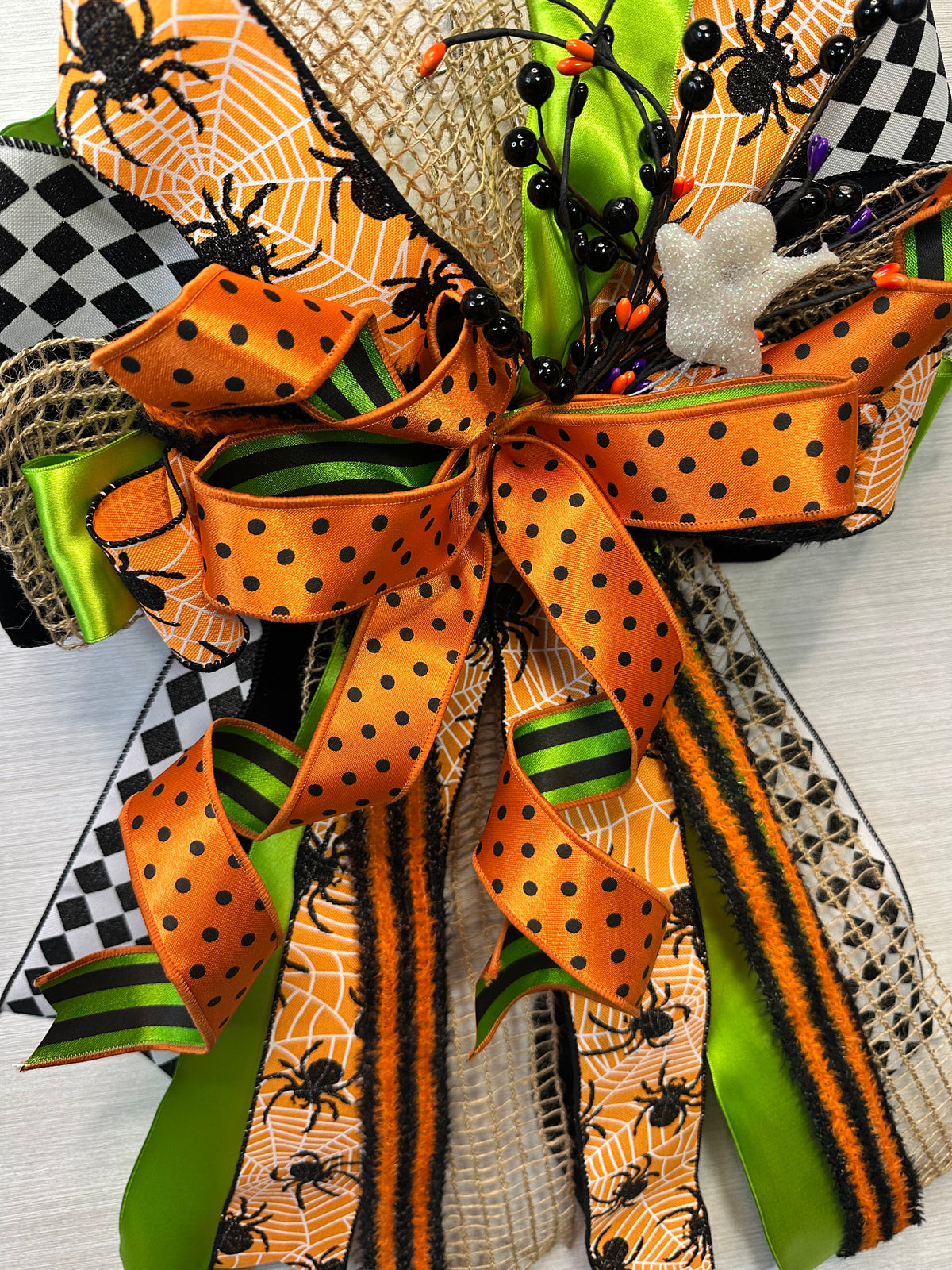 Spider’s Kiss Luxury Oversized Door Bow – Orange, Lime Green & Black Halloween Statement Bow