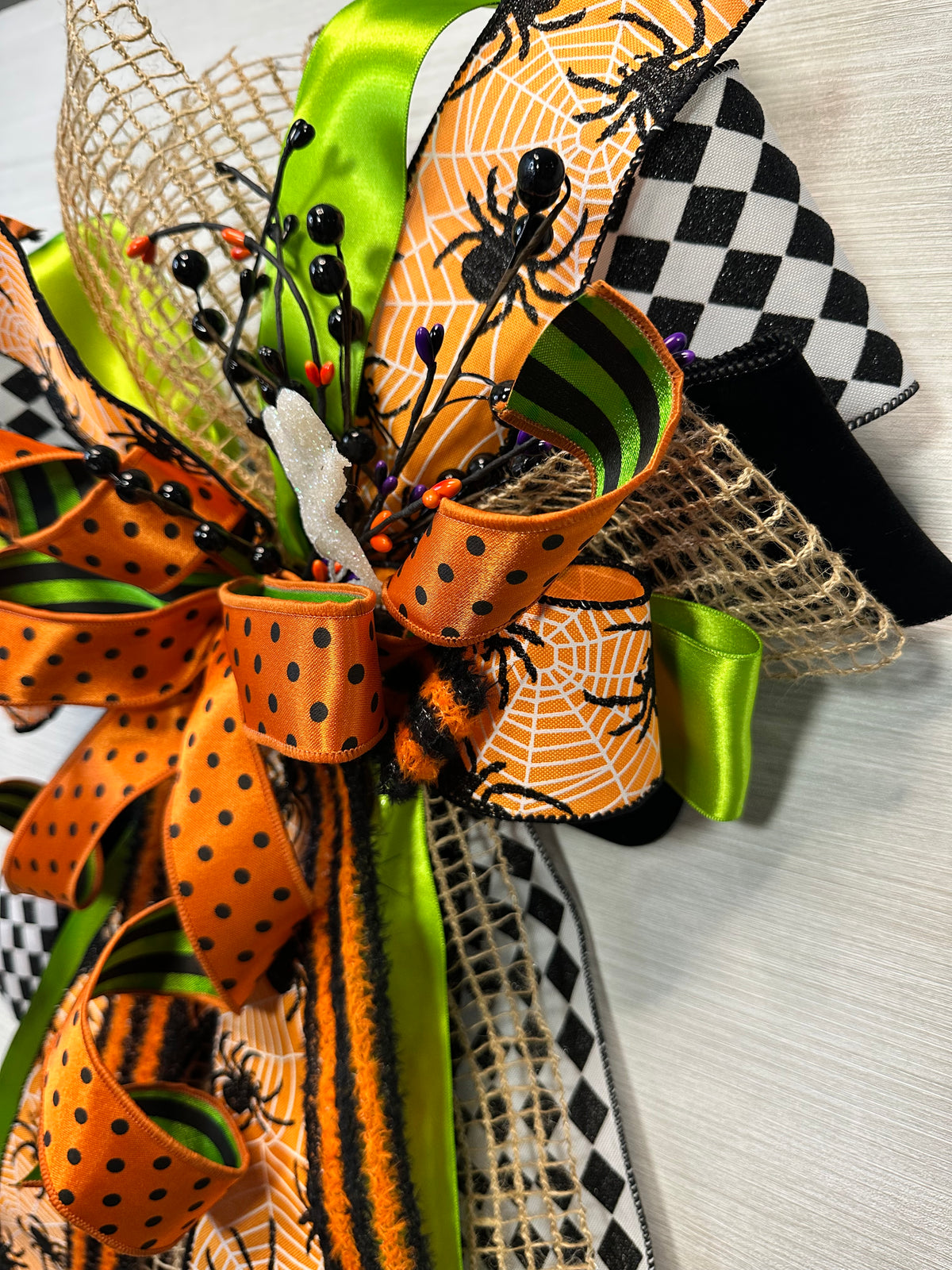 Spider’s Kiss Luxury Oversized Door Bow – Orange, Lime Green & Black Halloween Statement Bow