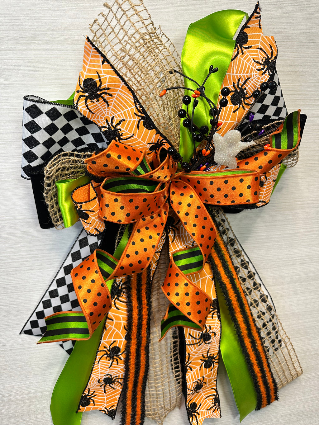 Spider’s Kiss Luxury Oversized Door Bow – Orange, Lime Green & Black Halloween Statement Bow
