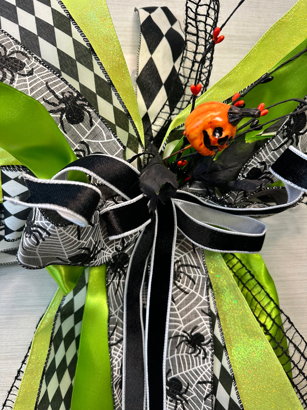 Wicked Web Luxury Oversized Door Bow – Lime Green, Black & White Halloween Statement Bow